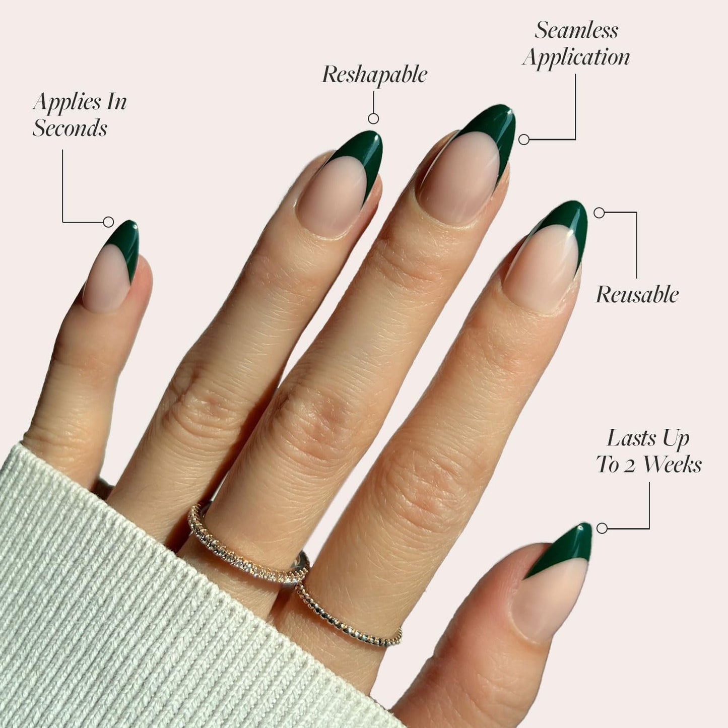 Glamnetic Press On Nails - Château | Semi-Transparent Dark Forest Green French Tip Short Almond False Nails, Reusable Stick On Fake Nails with Glue | Salon Quality | 15 Sizes - 30 Nail Kit