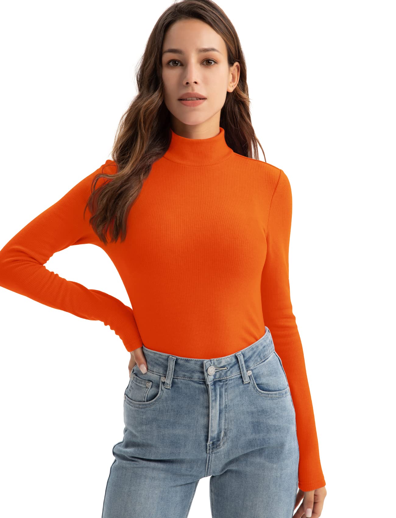 Thermal Mock Neck Women Tops(Orange,M)