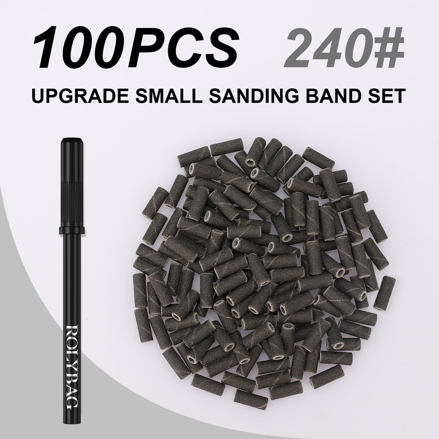 Rolybag 100pcs Small Sanding Bands Nail Drill Bits 240 Extreme Fine Grit Nail File Sanding Bands with 3.1mm Mandrel Bit for Acrylic Nails Gel Removing Shaping Professional Manicures and Pedicure,Black