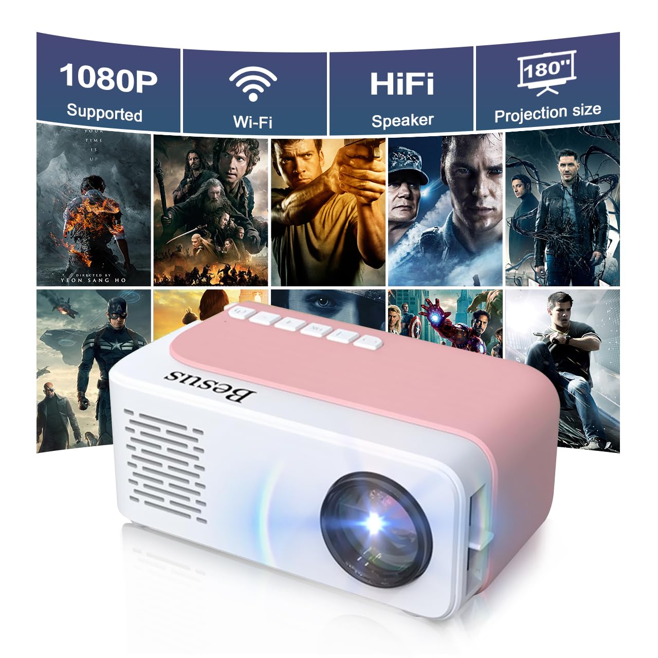 Mini Projector, HD 1080P WiFi Video Projector, Portable Outdoor Projector with Tripod, Gift for Kids, Home Theater Movie Phone Projector Compatible with USB, AV, Smartphone/Tablet/Laptop (pink)