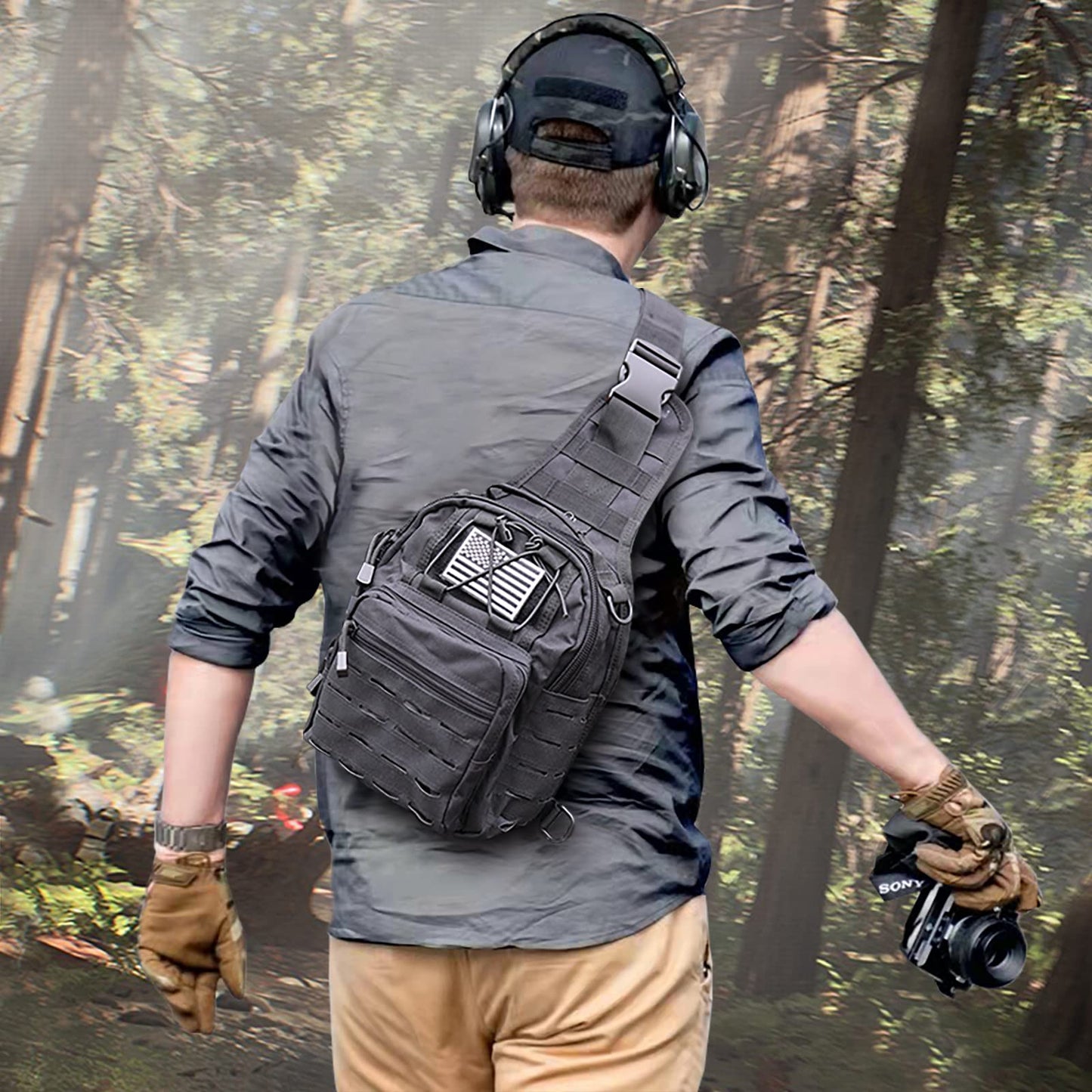 BOMTURN Tactical Backpack Sling Bag - 1000D Waterproof Military Backpack // Chest Bag // CCW Bags Outdoor Shoulder Bag with USA Patch for Every Day Carry
