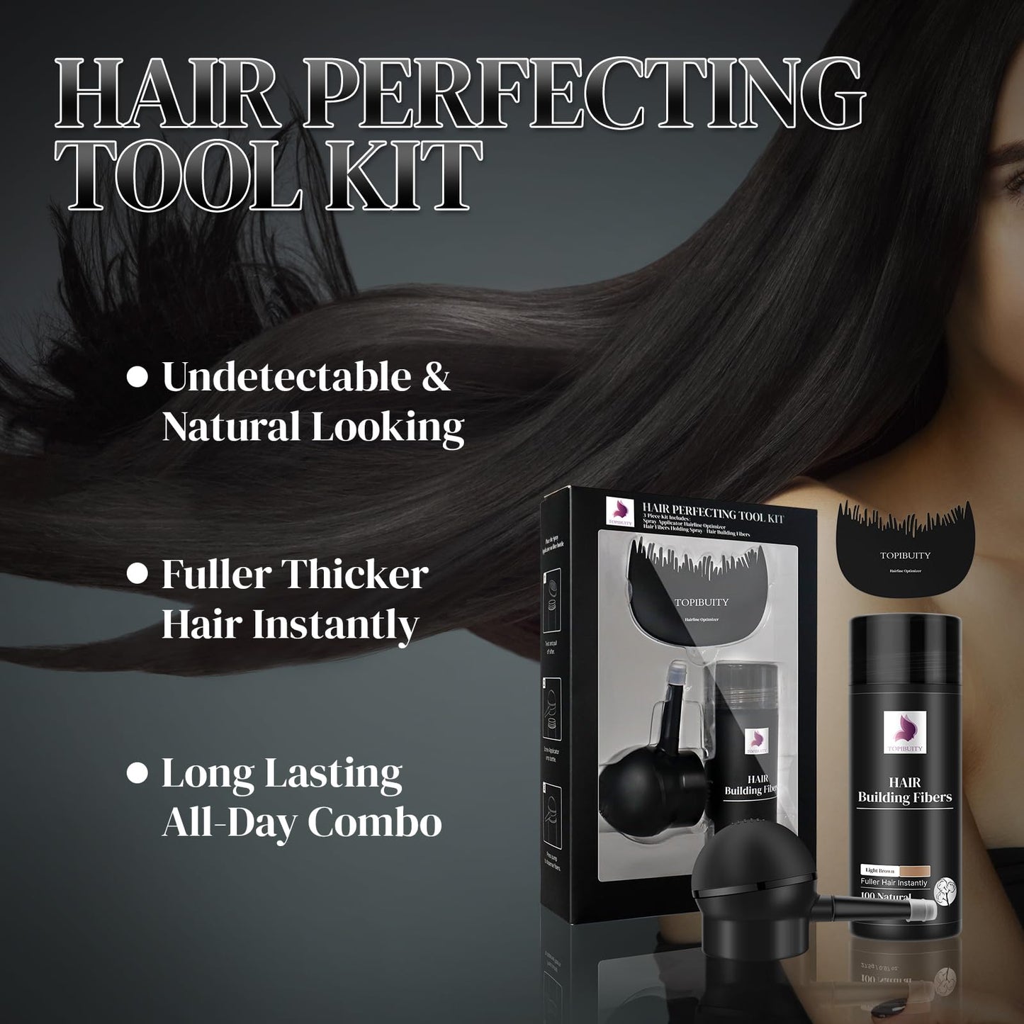 TOPIBUITY Hair Fibers & Applicator 3-in-1 Set - Natural Concealing Hair Thickening Fibers - Long-Lasting Spray with Accessory for Crisp Hairlines, Thicker Beard & Styling (light brown)