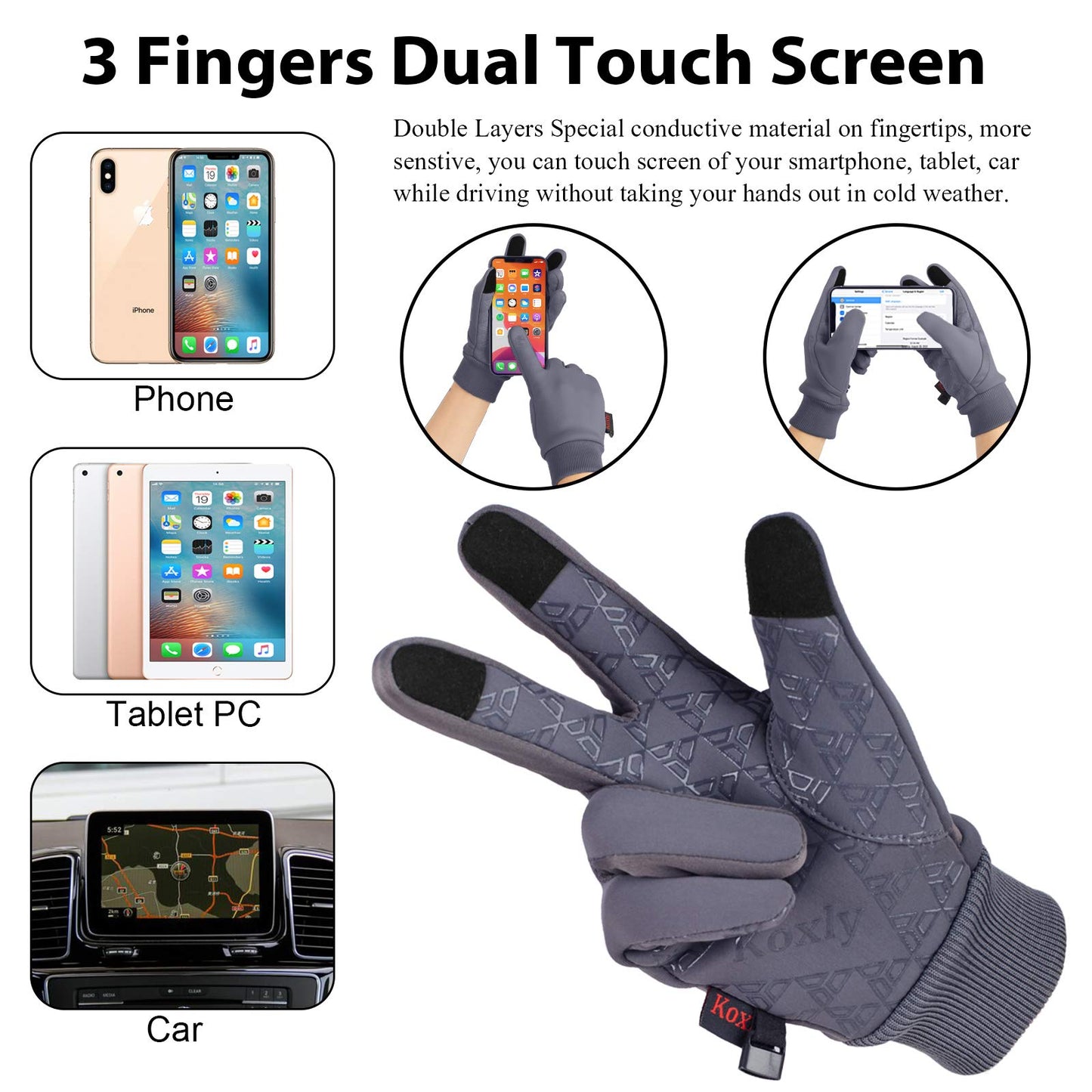 Koxly Winter Gloves Men Women Touch Screen Glove Warm Gloves Anti-Slip Windproof Waterproof Texting Gloves for Running Cycling