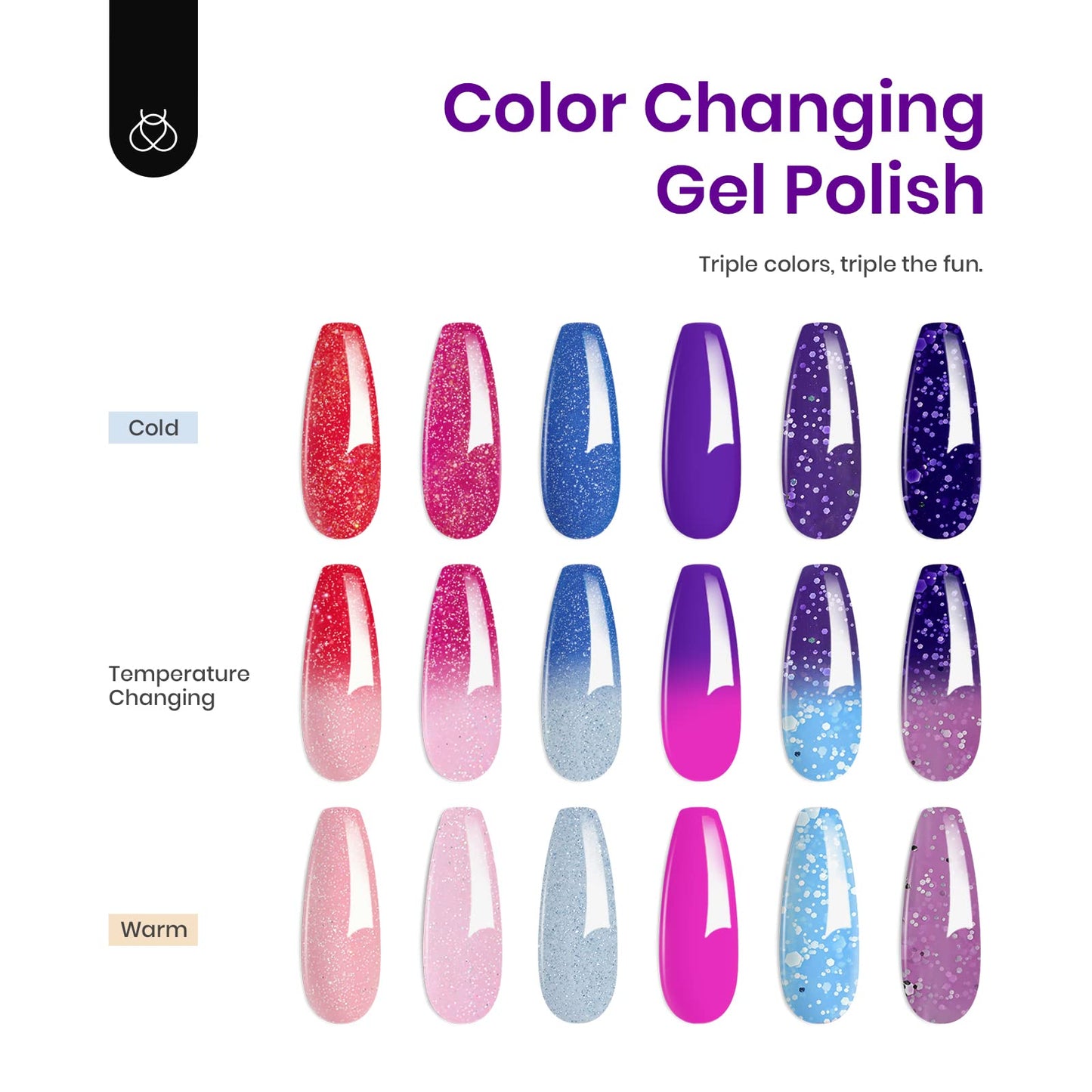 Beetles Color Changing Gel Nail Polish Kit, 6 Colors Pink Red Glitter Blue Purple Temperature Change Gel Polish Soak Off Uv Led Nails Gel
