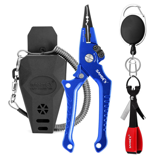 SAMSFX Aluminum Fishing Pliers Hook Remover Braid Line Cutter with Coiled Lanyard, Fly Fishing Knot Tying Tool & Retractors (Blue Handle, Split Ring Nose)