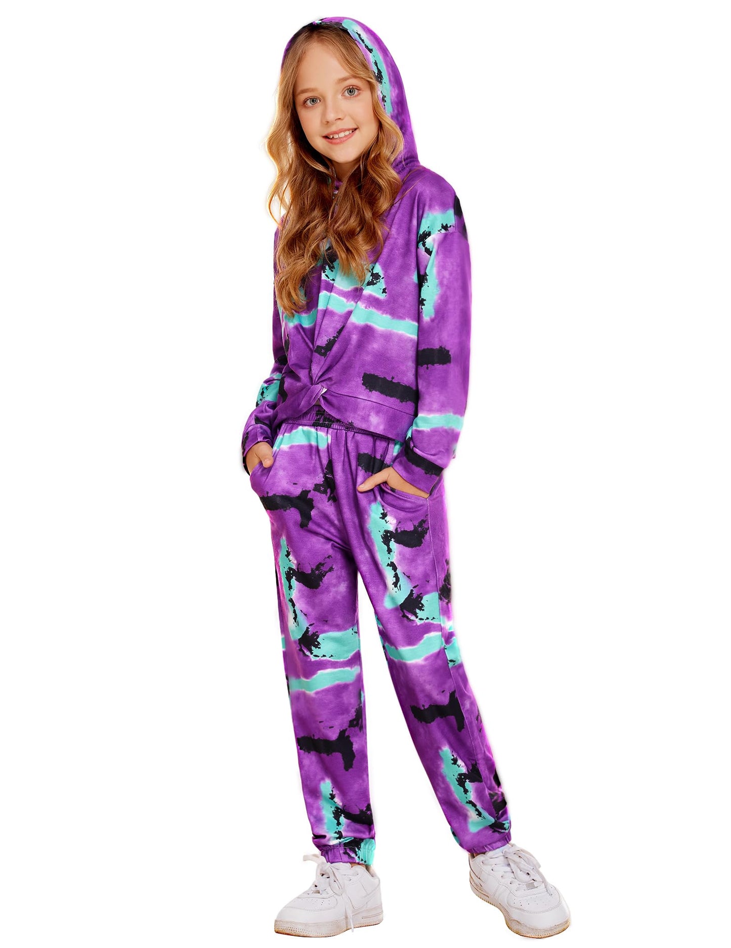 Arshiner Girl Pullover Set Sweatsuit Long Sleeve Tie Dye Twist Front Top Winter Fall Tracksuit Sweatpants Casual Size 10-12