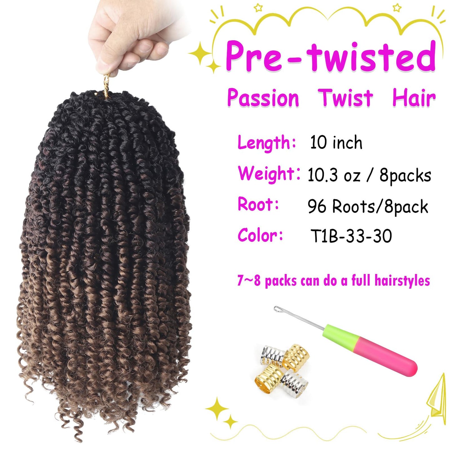 Bileaf Ombre Passion Twist Hair Pre Looped 10 Inch Passion Twist Crochet Hair for Women, Pre Twisted Boho Crochet Twist Braids for Girls 8 Packs Soft Short Passion Twists Curly Ends Hair Extensions