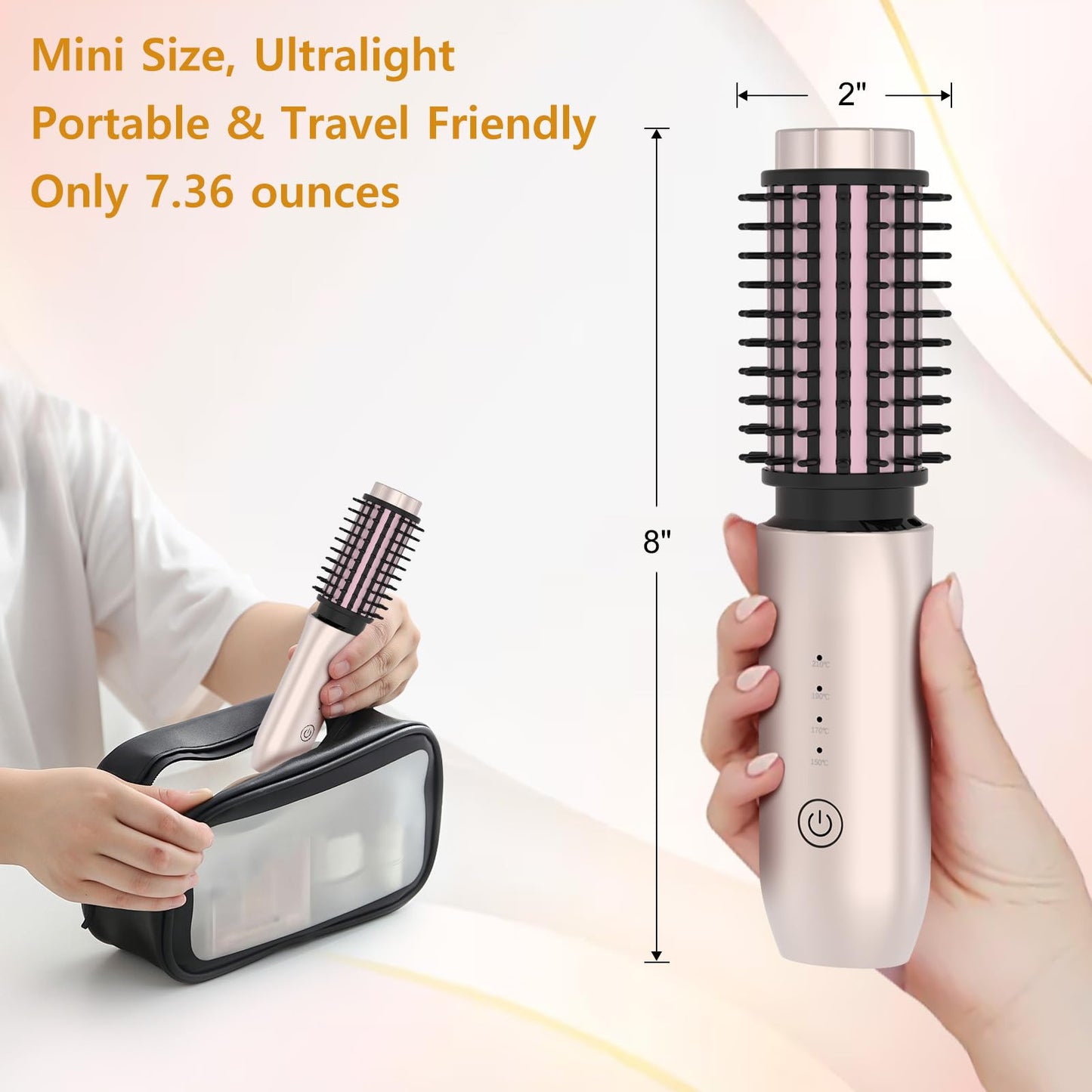 Cordless Curling Iron Rechargeable, Portable Travel Curling Iron Brush, 3-in-1 Hair Straightener Brush, Heated Round Curling Wand, 4 Temperature 7000mah Hair Curler Tool for Women - Rose Gold