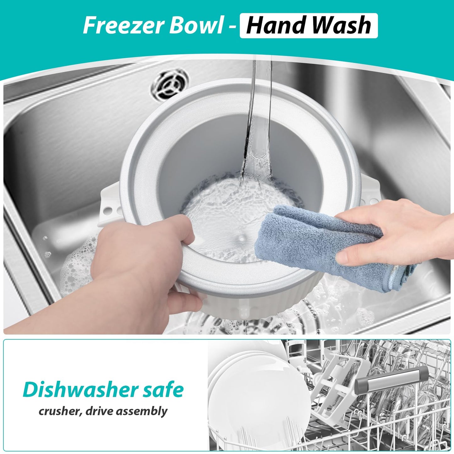 Ice Cream Maker Attachment for KitchenAid Stand Mixer, Ice Cream Bowl Compatible with 4.5Qt and Larger Stand Mixers, Ice Cream & Sorbet Gelato Maker Attachment, 2 Quart, White