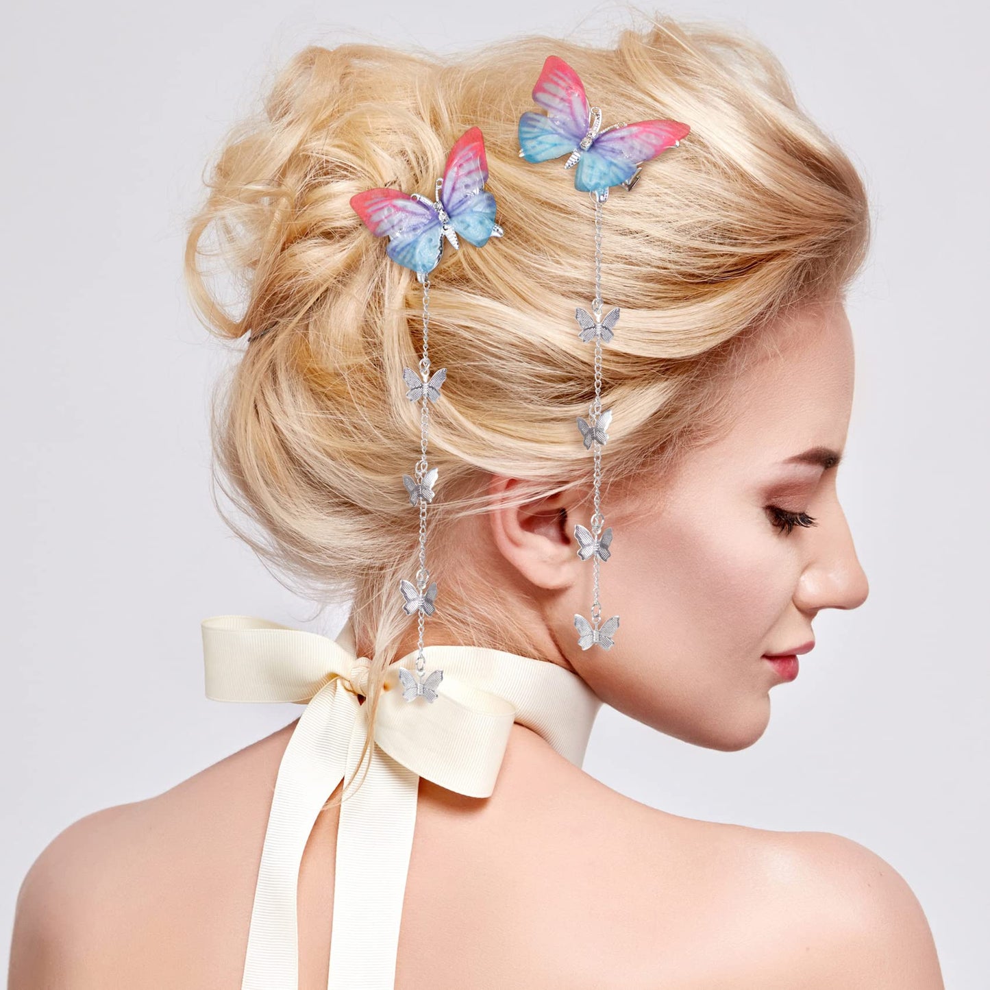 PAGOW 8pcs Butterfly Hair Tassel Clips Cute Alligator Barrettes Valentines Wedding Prom Birthday Hairpin Accessories for Women Girl (Blue Purple Pink)
