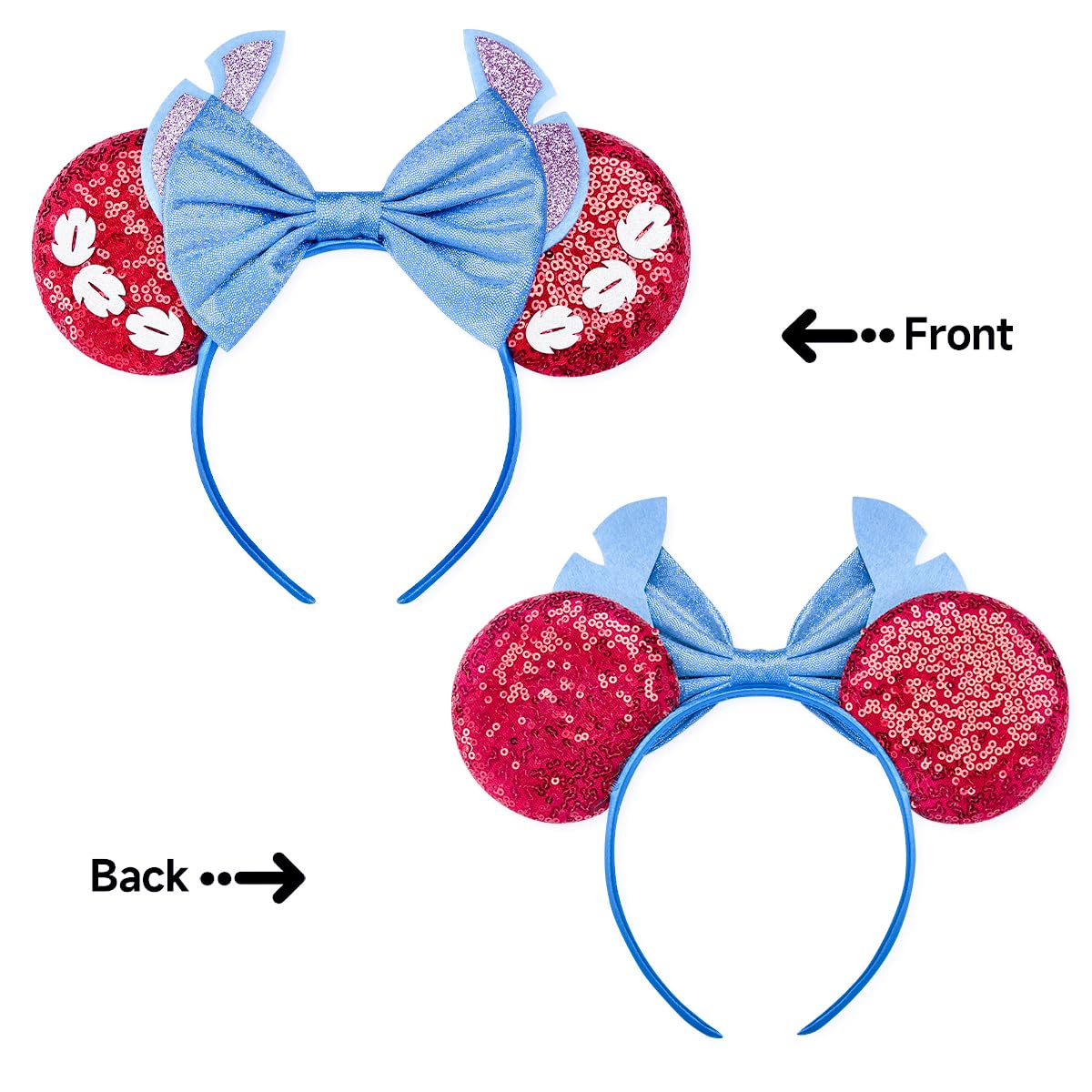 RAZKO Hairband, Stitch Red Minnie Ears Headband with Sequin Shiny Ears and Bow for Women Girls Hair Accessories, One Size Fits All, 16 Headbands Available