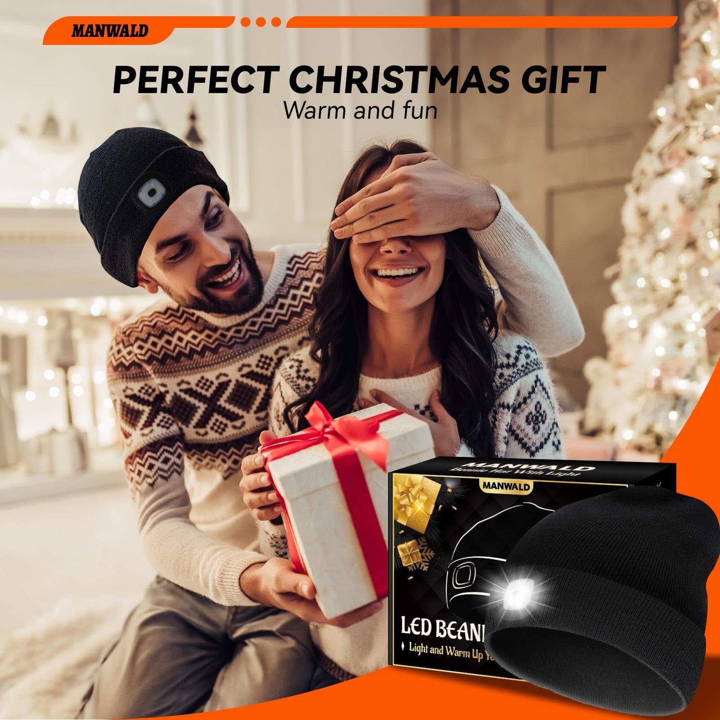 MANWALD LED Beanie Hat with Light,USB Rechargeable LED Headlamp, Gifts for Men, Christmas Stocking Stuffers Gifts for Men Him Husband, Black