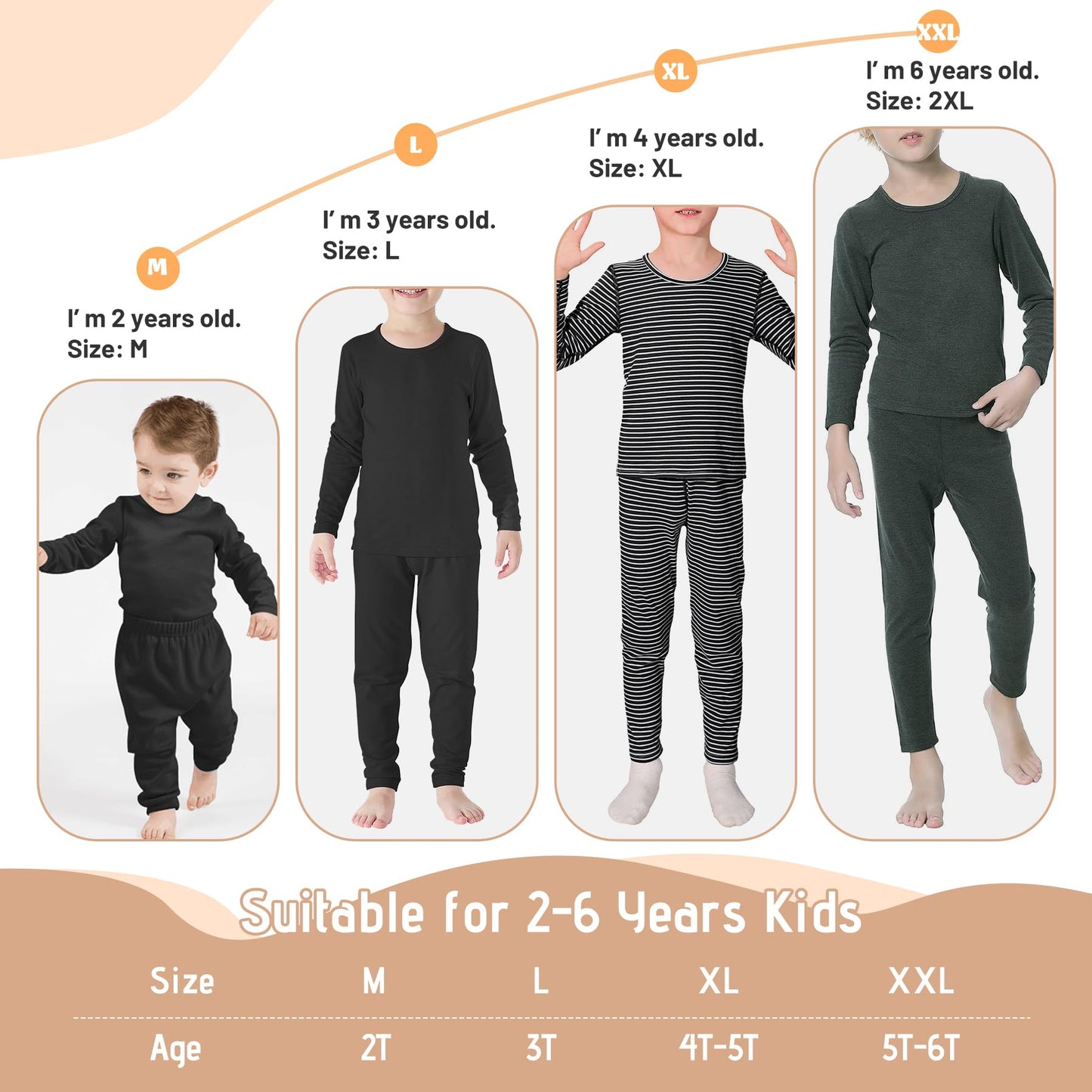 Zando Thermal Underwear for Kids Toddler Base Layer Soft Winter Long Johns for Boys Girls Long Underwear for Little Kids Boys Thermal Underwear Kids Thermals Shirt and Pants Black 5T-6T