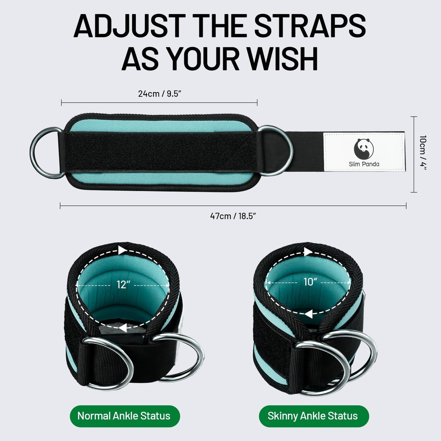 Slim Panda Ankle Strap for Cable Machine,Ankle Cuff for Kickbacks, Booty Hip Abductors,Glute Workouts, Leg Extensions, Curls for Men and Women, Adjustable with Double D-Rings (Single, Upgraded Cyan)