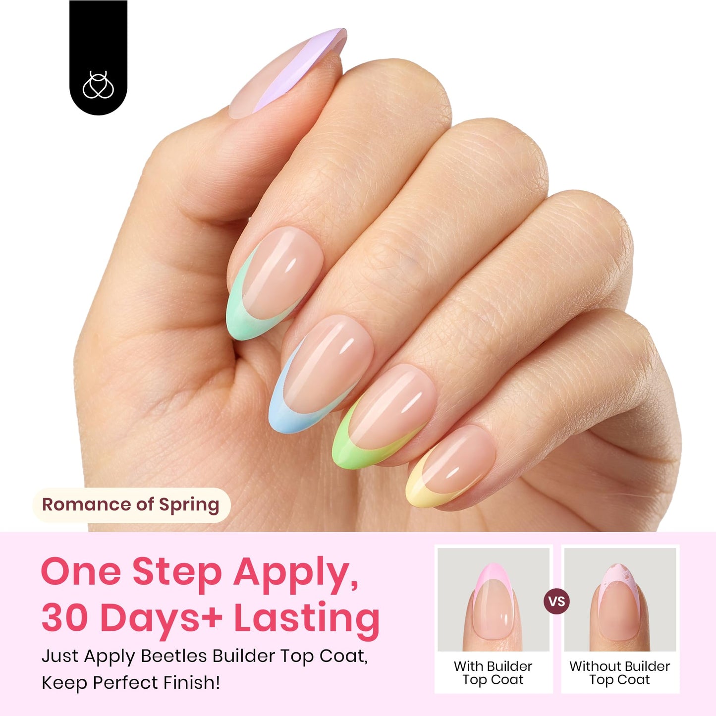 Beetles X Press Plus French Tips Press On Nails, 16 Sizes 224 Pcs Pastel Short Almond Press On Nails Gel Nail Tips Pre-Applied Primer Base Coat Soak Off Uv Nail Extension Manicure Gift for Women