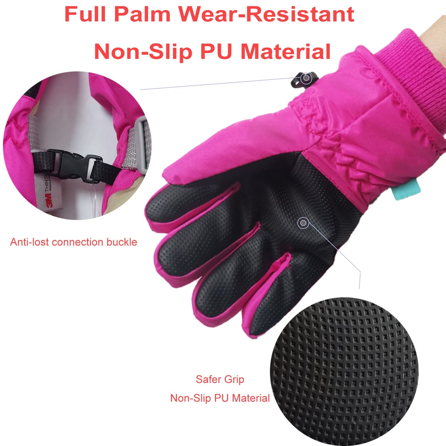 7-Mi Kids Winter Warm Water-Resistant Gloves for Skiing/Snowboarding/Cycling/Riding Outdoor Activities Children Mittens Best for 4 to 6 Years Old Pink