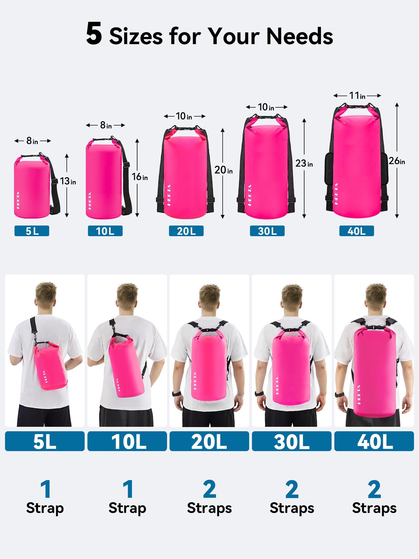 HEETA Waterproof Dry Bag for Women Men (Upgraded Version), Roll Top Lightweight Dry Storage Bag Backpack with Emergency Whistle for Travel, Swimming, Boating, Kayaking, Camping, Beach (Rose Red, 5L)