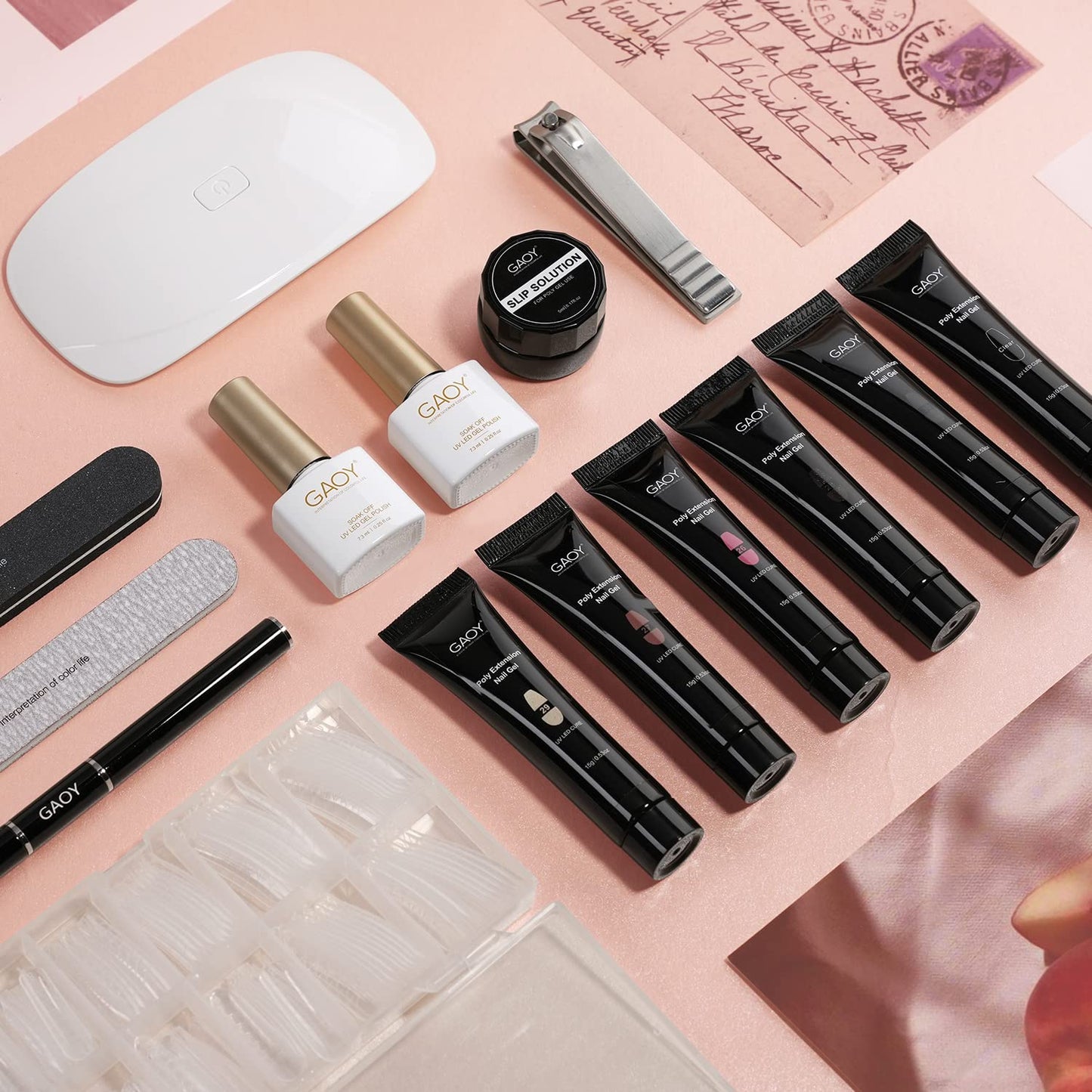GAOY Poly Gel Nail Kit with U V Light Starter Kit, 6 Colors Nude Pink Black Builder Gel Extension for Beginners with Everything Nail Art DIY at Home