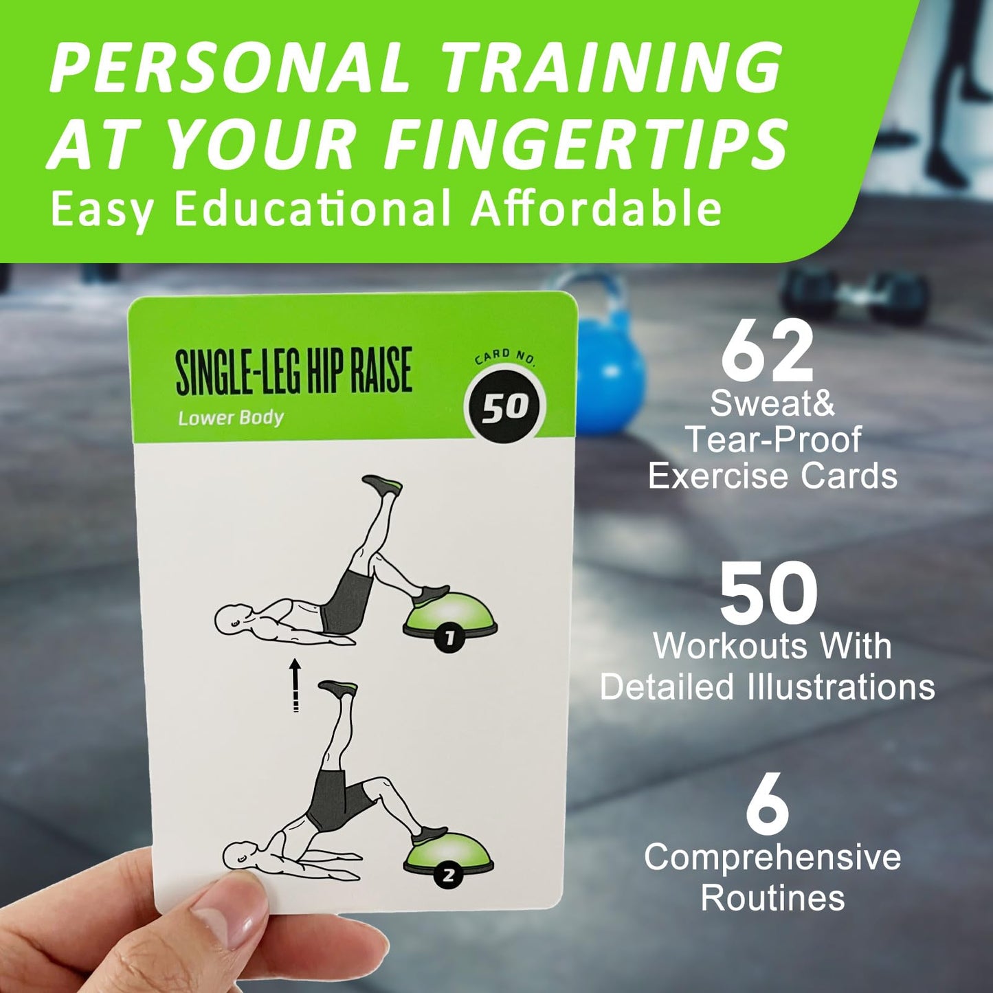 MOVASEE Half Balance Ball Workout Cards, 62 Exercises Cards Deck Large Size 5" x 3.5" Fitness Cards for Women & Men, Beginner Fitness Guide to Training Exercises at Home or Gym