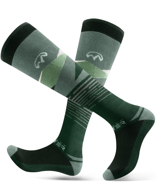 OutdoorMaster Ski Socks, 2-Pair Pack Skiing and Snowboarding Thermal Socks for Men with Non-Slip Cuff Design, Geometric Patterns - Army Green, Medium