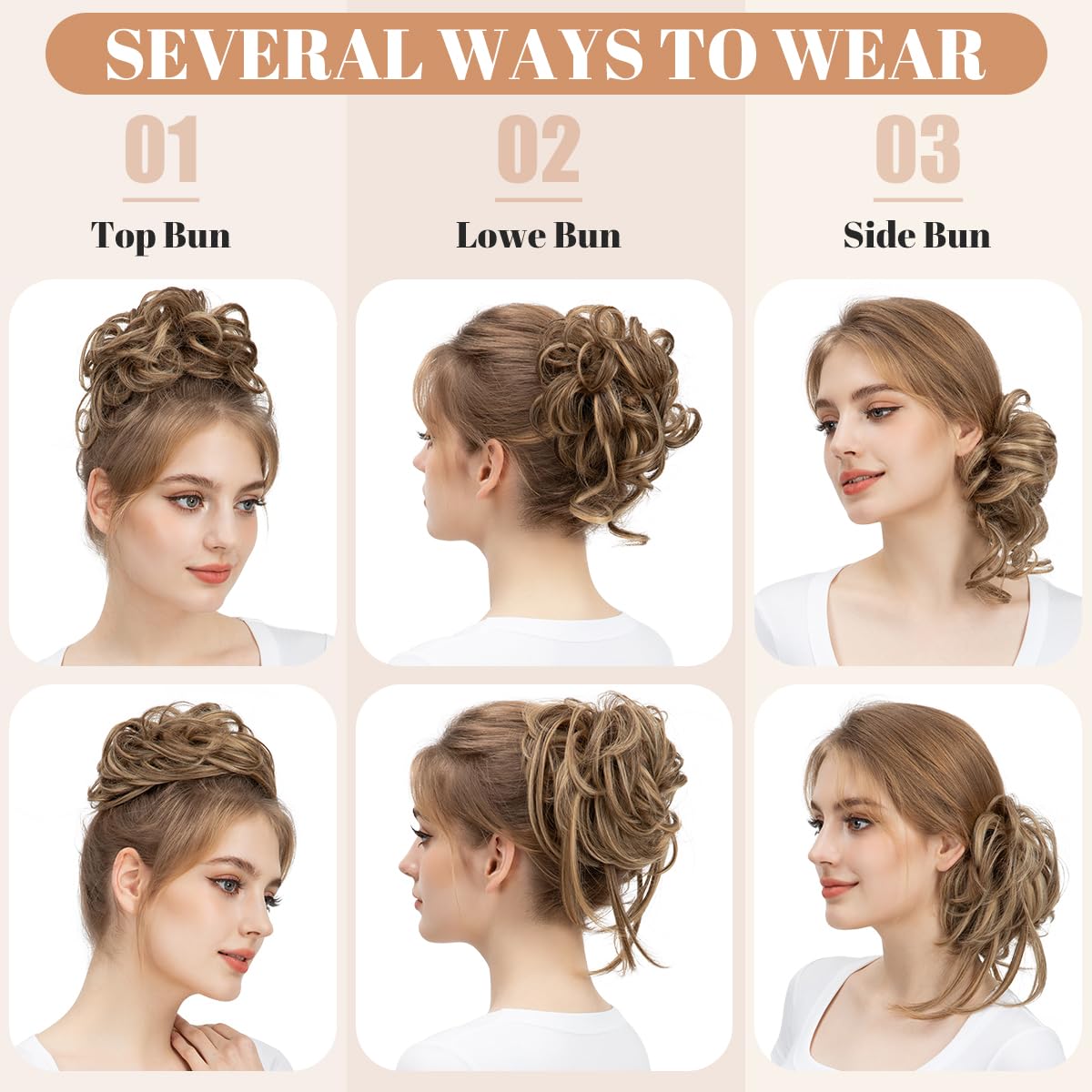 SARLA 2PCS Messy Bun Hair Pieces for Women Detachable Claw Clip Wavy Curly Synthetic Hairpieces for Updos with Tendrils Fake Scrunchies Ponytail Extension Brunette/Ash Blonde