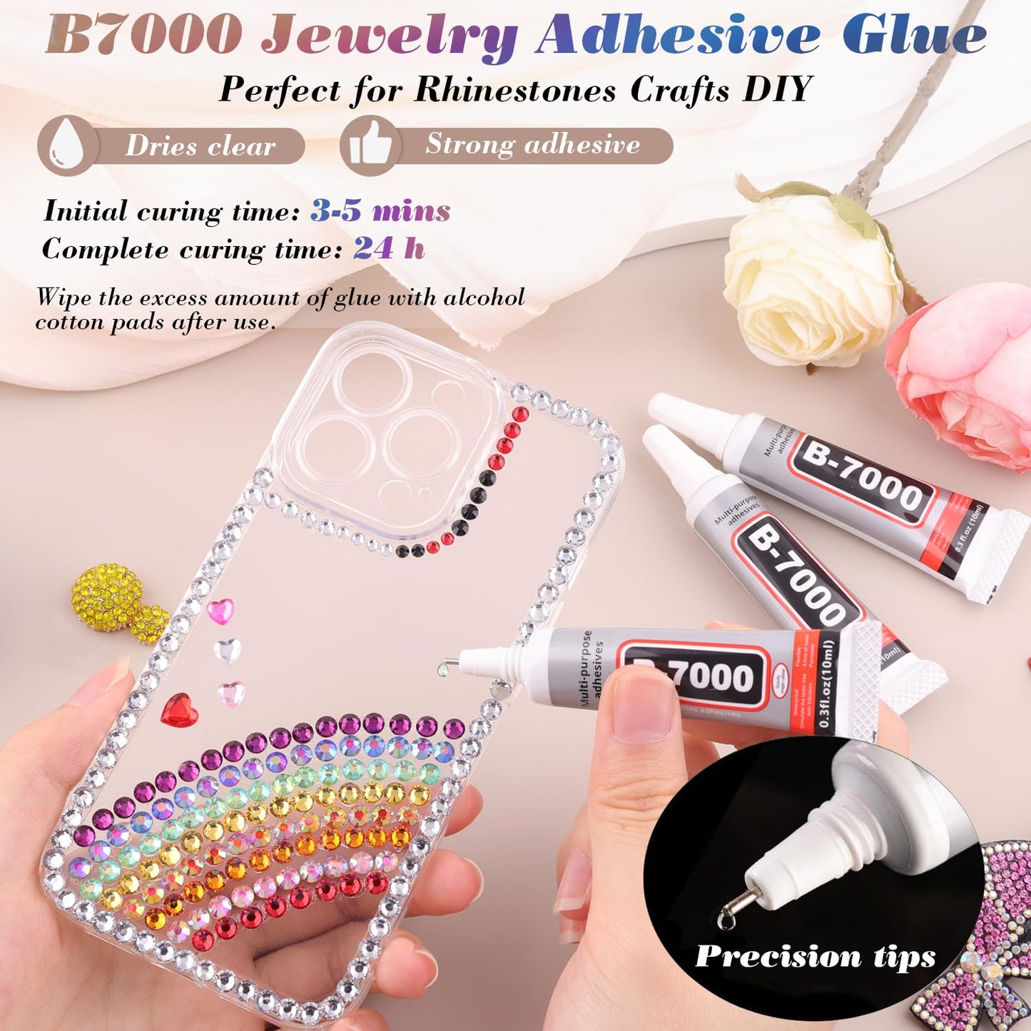 Rainbow Flatback Rhinestones for Crafting and 3PCS B7000 Glue (Set 1), 2 Boxes of 4500 PCS Resin Rhinestones Gems Charms for Bedazzling DIY Crafts Tumblers Shoes Fabric Clothing Nail Art