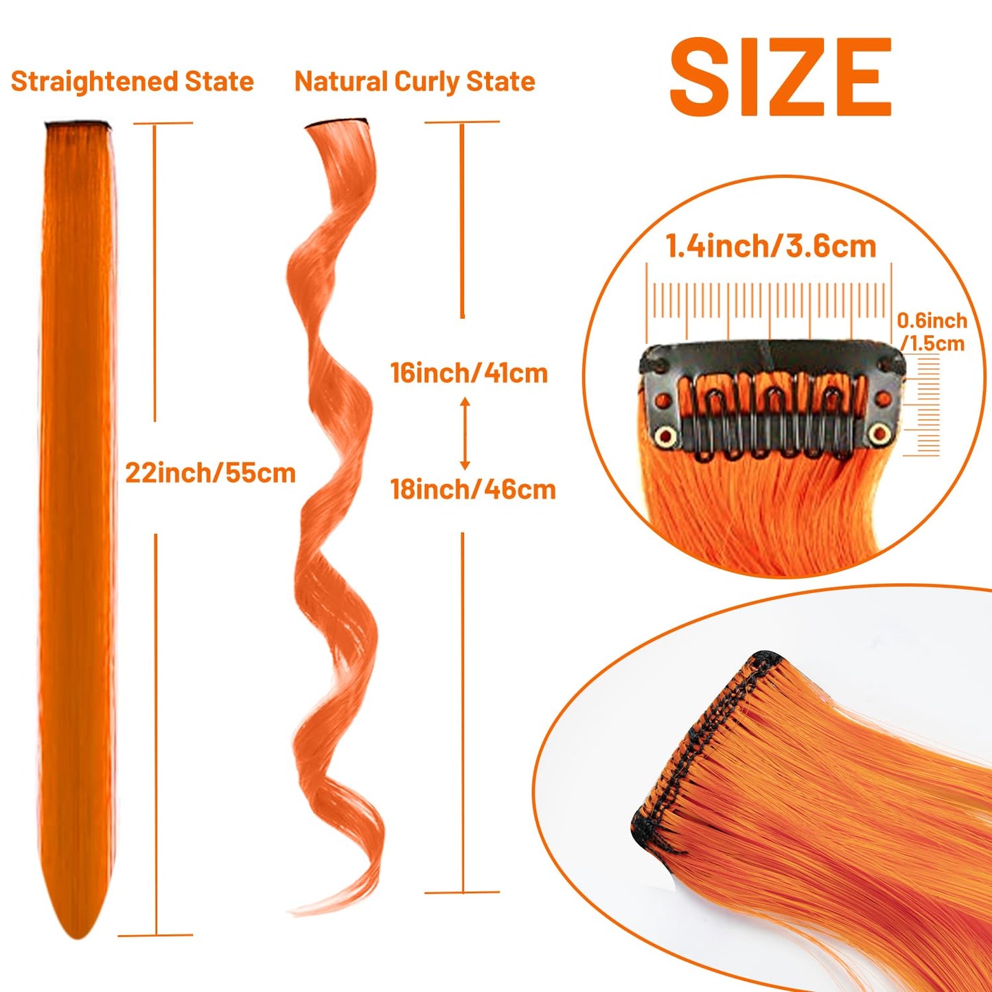TOFAFA 16 Pcs Colored Hair Extensions Curly Wavy Clip in Synthetic Hairpiece Streak for Girls Women Kid, Multi-colors Party Highlights Cosplay Festival Gift(Orange)