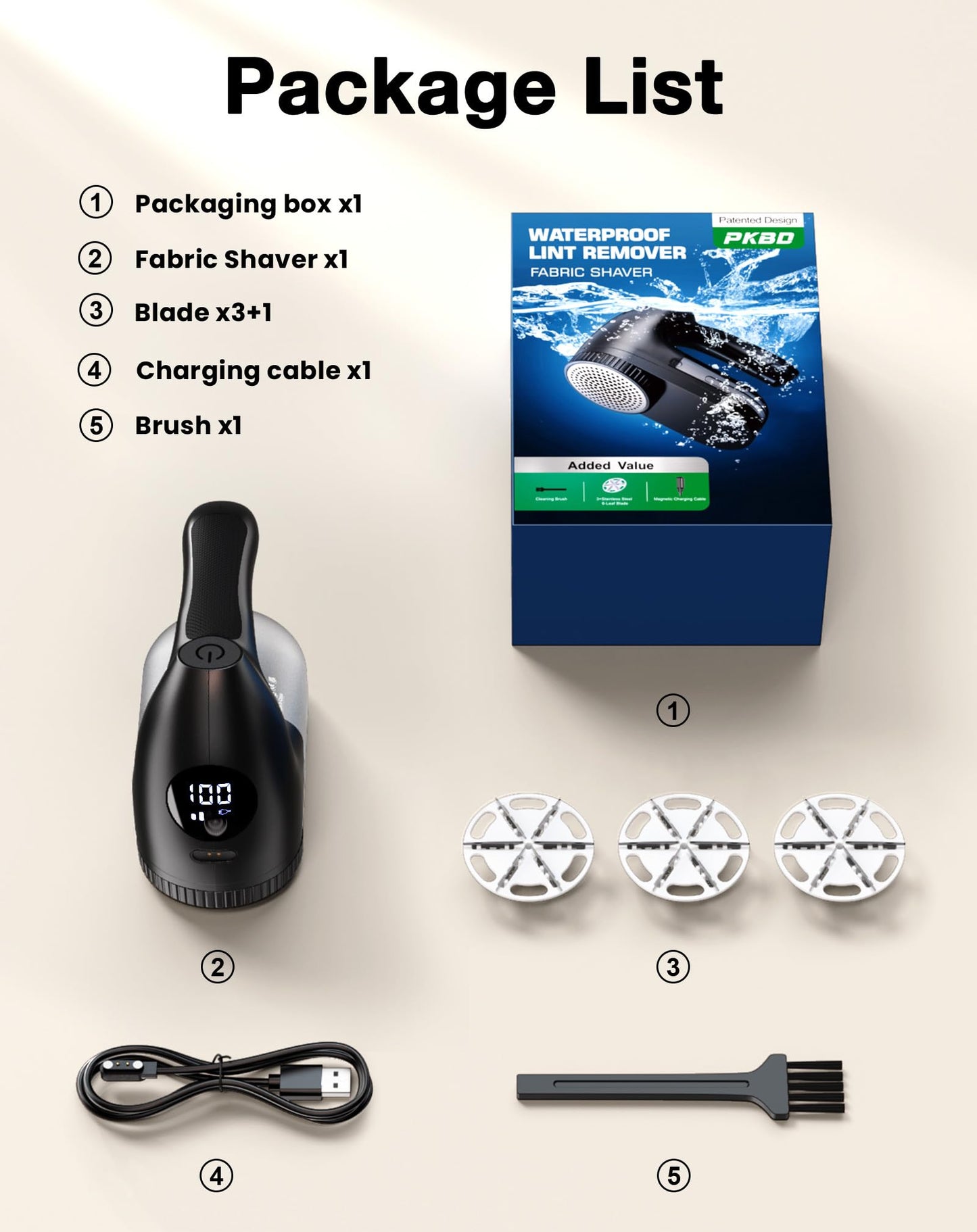 PKBD IPX6 Waterproof Washable Electric Fabric Shaver and Lint Remover, Rechargeable Sweater Defuzzer with 3 Free Extra Blades, Quickly and Effectively Remove Fluff,Fuzz,Bobbles for Clothes, Dark Black