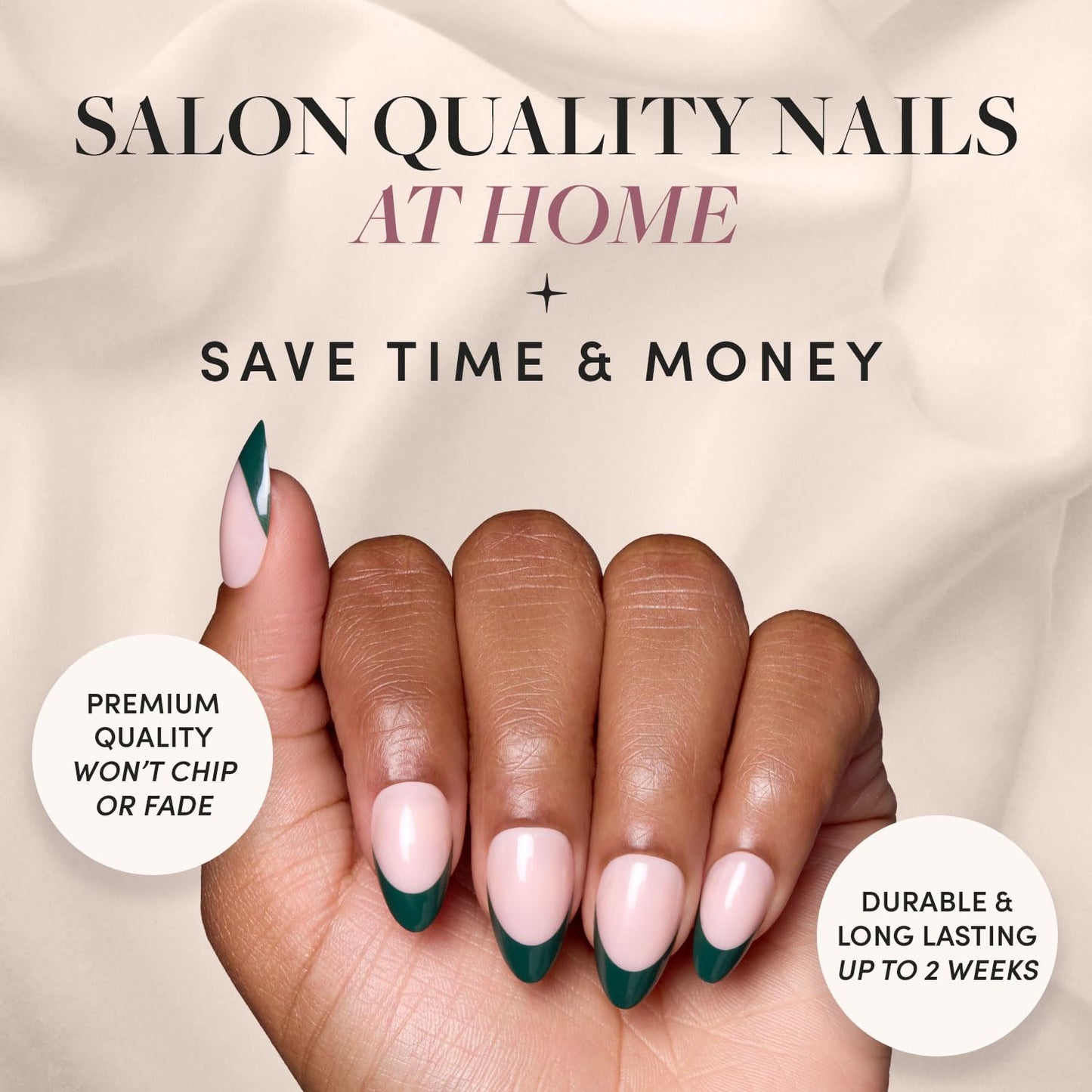 Glamnetic Press On Nails - Château | Semi-Transparent Dark Forest Green French Tip Short Almond False Nails, Reusable Stick On Fake Nails with Glue | Salon Quality | 15 Sizes - 30 Nail Kit