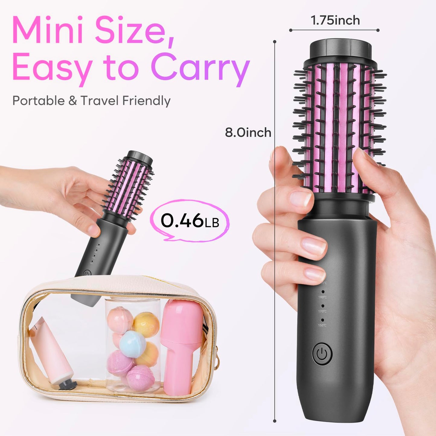 Cordless Curling Iron Brush, 2024 New Portable Travel Curling Iron Mini Brush for Women, 7000Mah USB Rechargeable Curling Wand Brush with Negative Ion, Gray