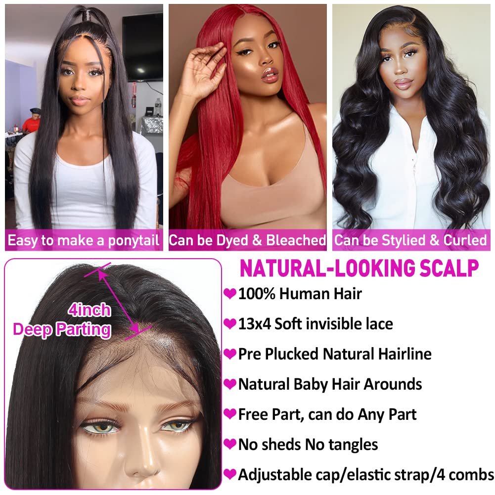 Hermosa 9A 13x4 Brazilian Straight Lace Front Wigs Human Hair 180% Density Human Hair Wigs for Women Pre Plucked with Baby Hair Natural Hairline 28 inch