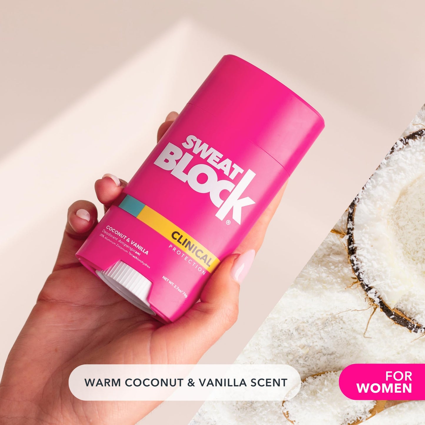 SweatBlock Deodorant for Women | Clinical Antiperspirant, 48 Hour Sweat & Odor Protection, Coconut & Vanilla