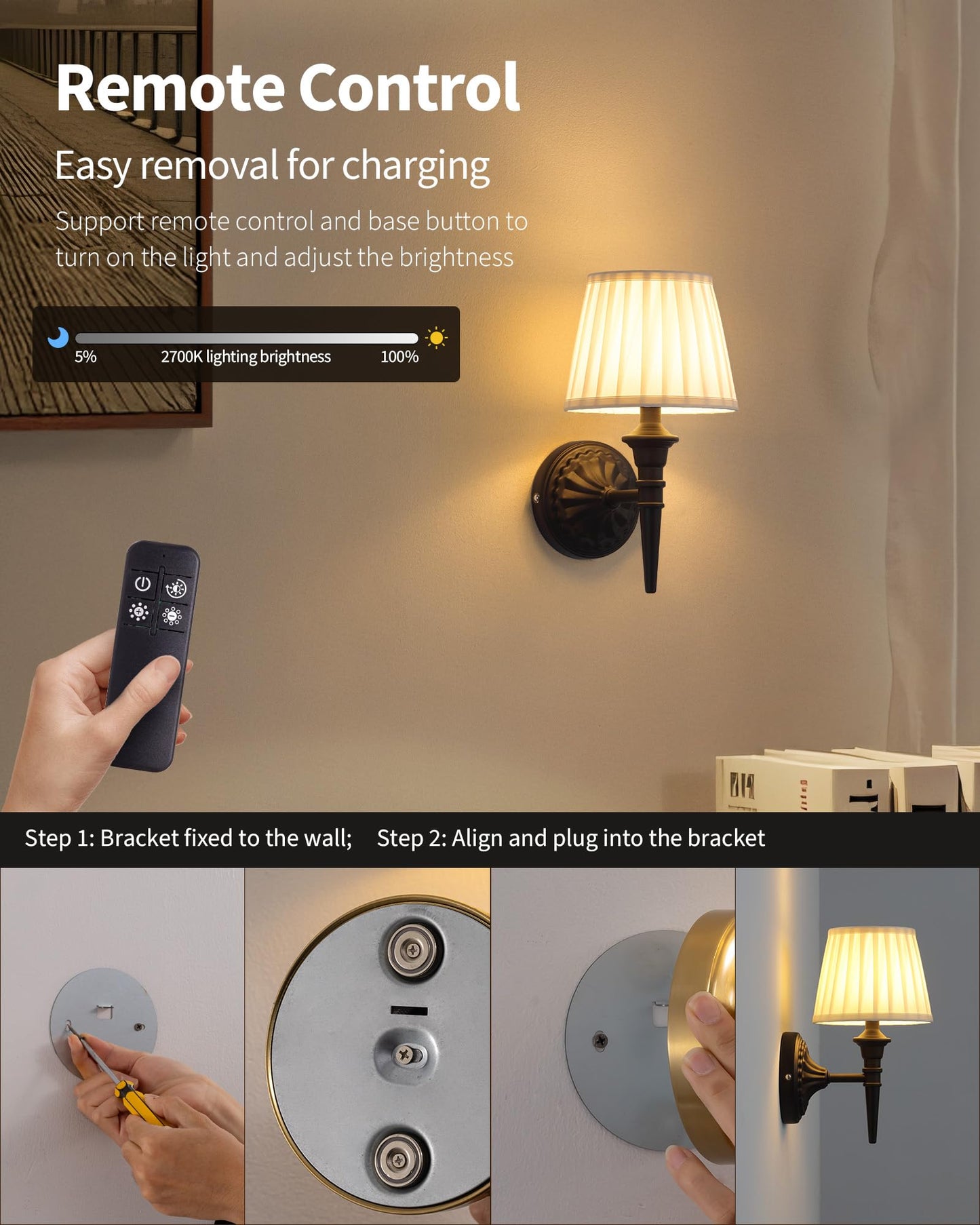 KDG Cordless Wall Sconces Set of 2, Small Wireless 5200mAh Rechargeable Battery Fabric LED Wall Lamps, Portables Lightings for Wall Painting, Living Room, Bedroom, Hallway, Gifts, Night Light (Black)