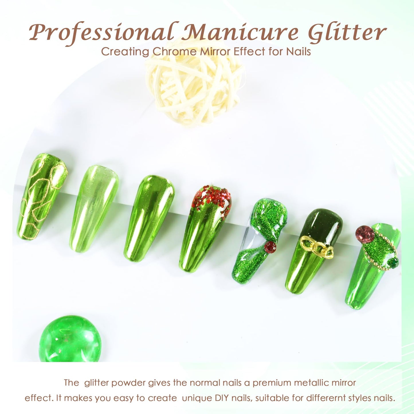 Laza Chrome Nail Powder Mirror Effect Metallic Dust Holographic Glitter Glazed Manicure Decoration Reflective Pigment for DIY Gel Polish Nail Art, Resin Craft, Gifts - Grass Green