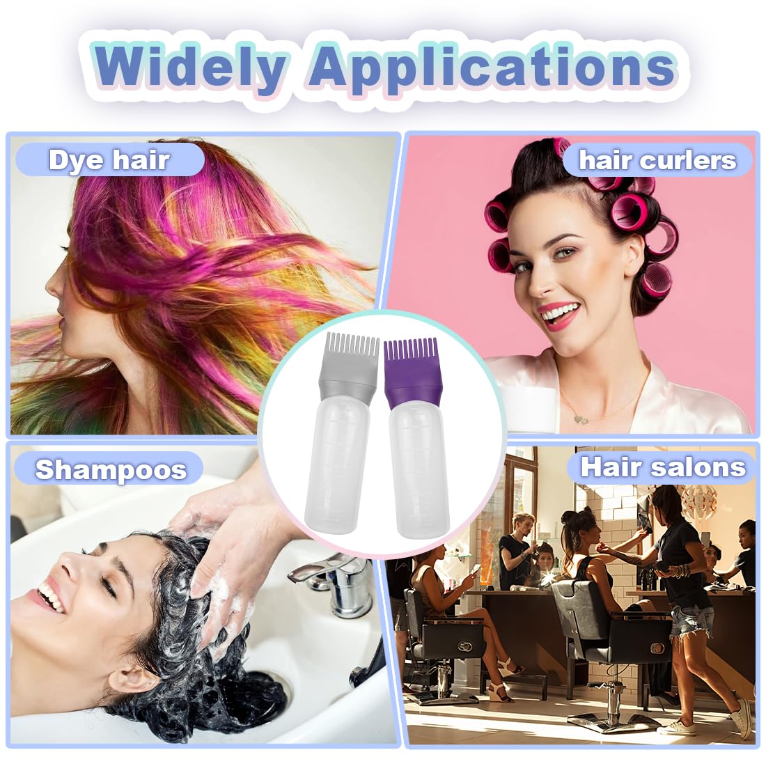 FZWONVUC 4 Pack Root Comb Applicator Bottle, Hair Oil Applicator, Oil Comb Applicator Bottle for Hair Dye Shampoos Hair Salons (Purple+Red+Grey+Green)