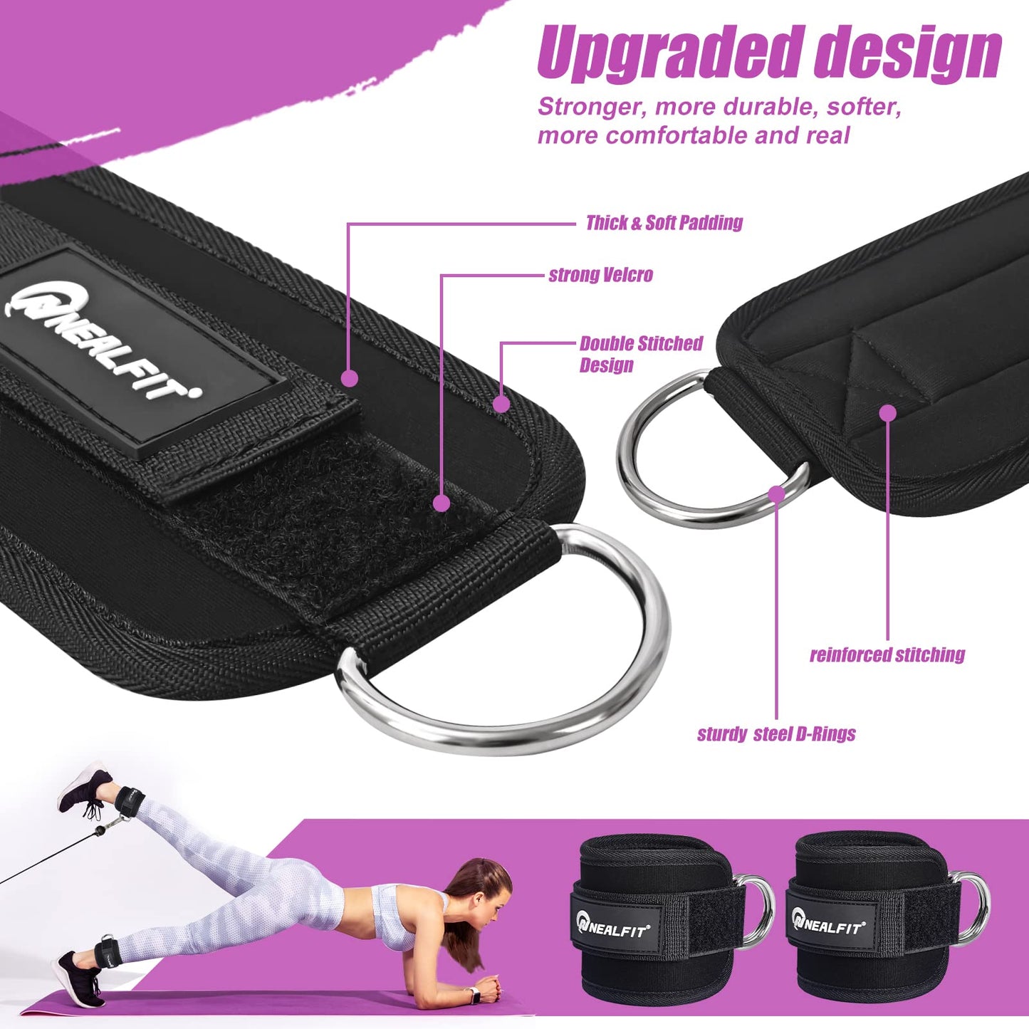 NEALFIT Ankle Strap for Cable Machine, Gym Ankle Cuff for Kickbacks, Leg Extensions, Glute Workouts, Booty Hip Abductors Exercise for Women and Men (Pair, Black)