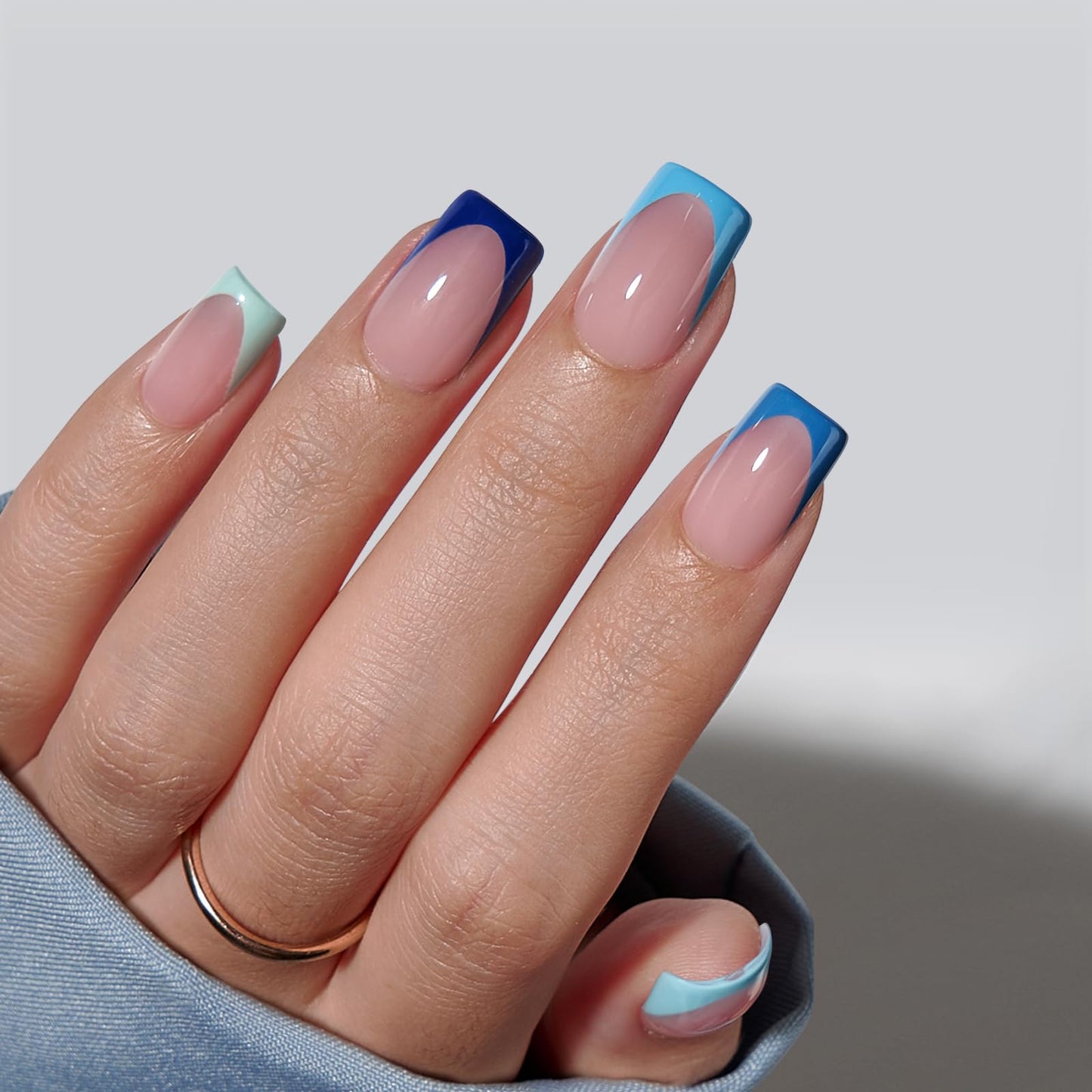 BTArtboxnails XCOATTIPS French Tip Press On Nails - Blue Press On Nails Short, Square Fake Nail Tips, 160Pcs Soak Off Soft Gel Acrylic Nail Extension in 16 Sizes