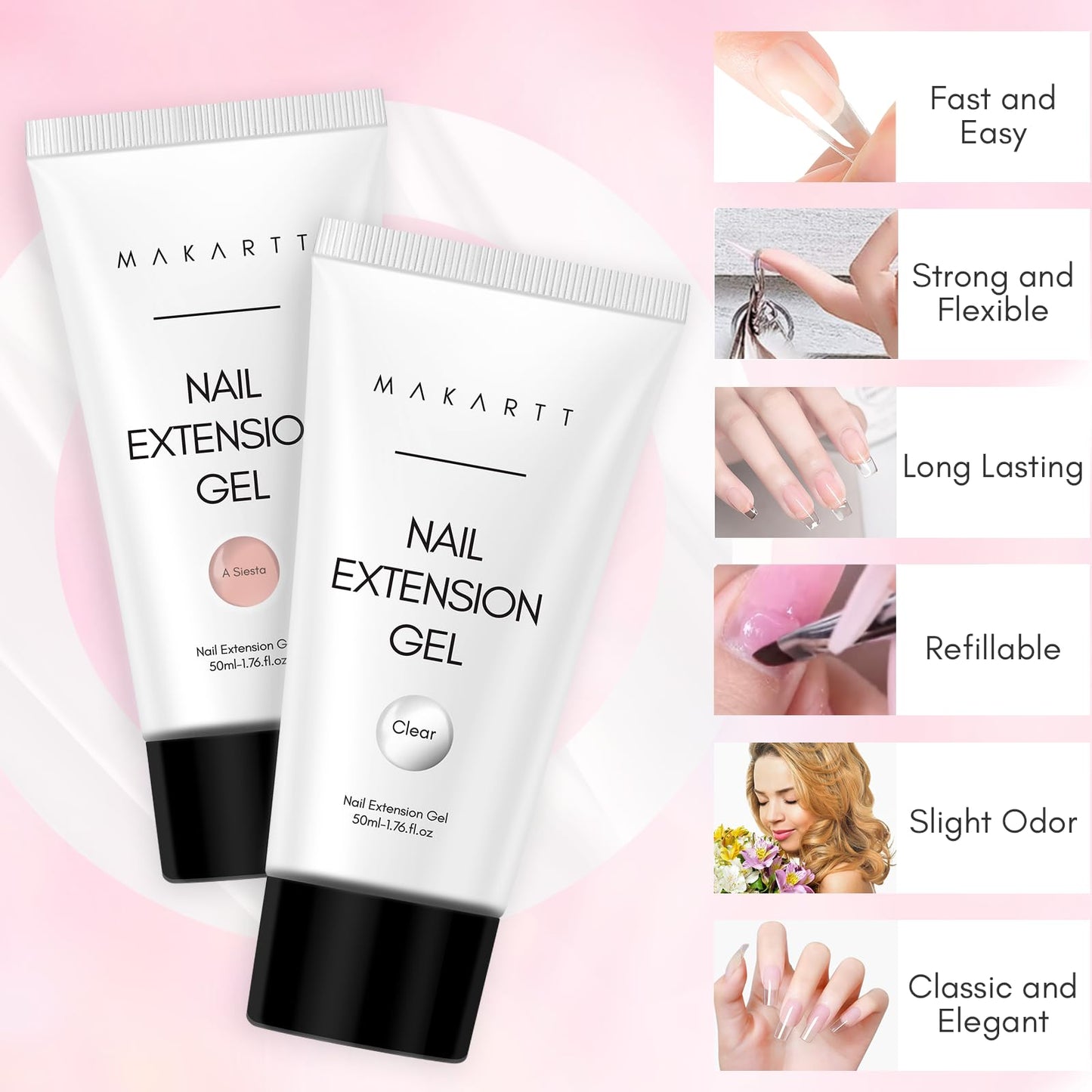 Makartt Poly Nail Gel Set Clear Nude Pink 2PCs 50ML Gel Builder for Extension Natural-Looking Nail Strengthener 3D Diy Hard Gel Manicures Home Salon