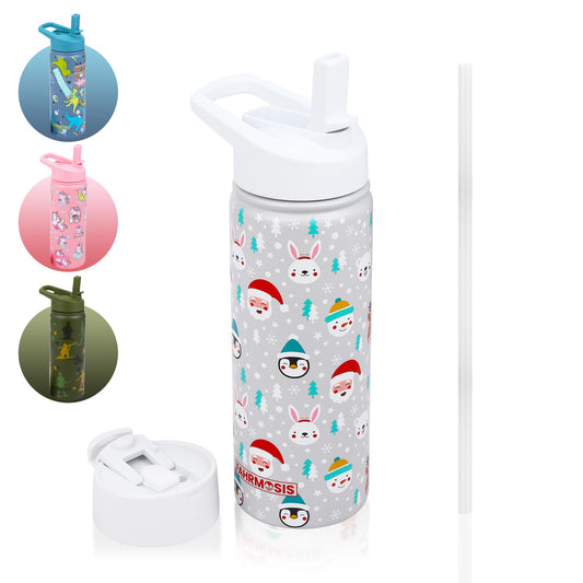 FAHRMOSIS 18 oz Kids Water Bottle | Insulated Water Bottle with Straw & 2 Lids | Reusable Double Insulated Water Bottle - Leakproof Kids Water Bottle for School & Outdoor Activities - White (Winter)