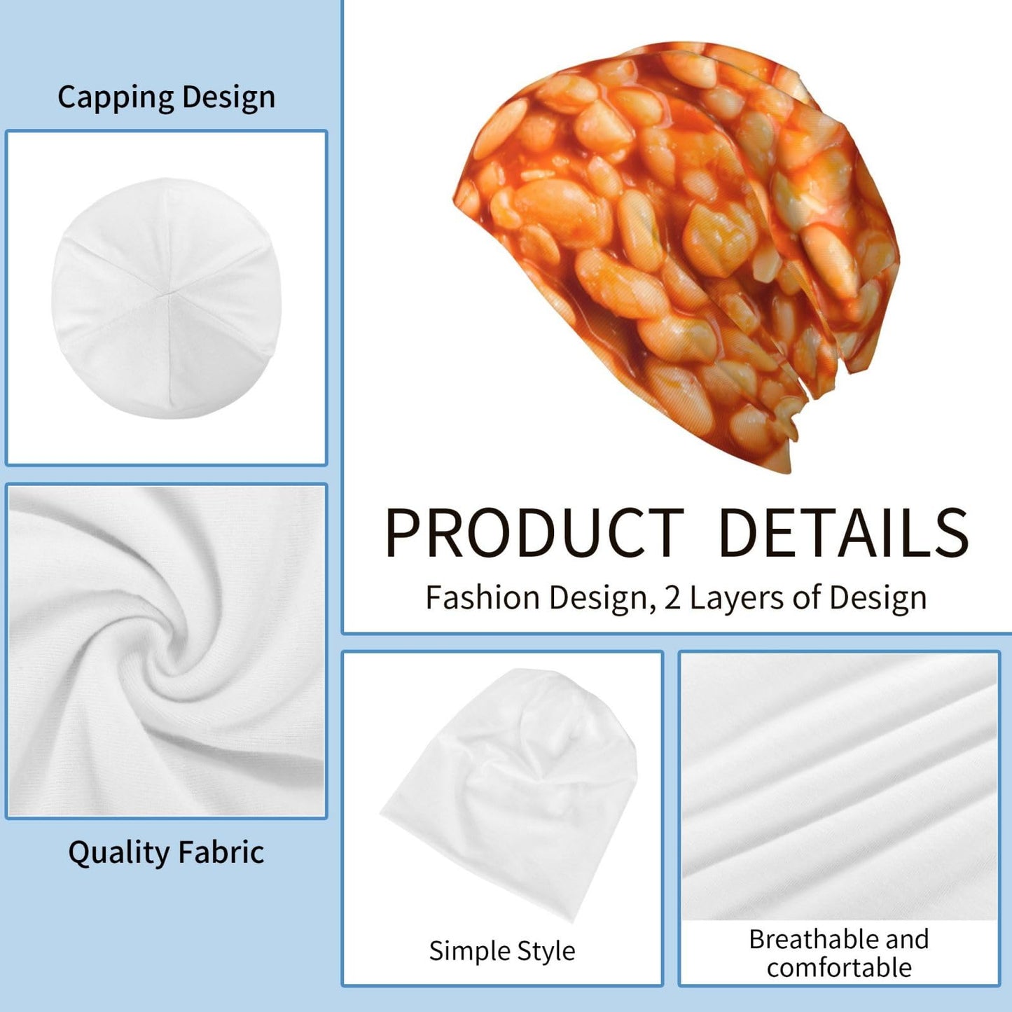 Funny Baked Bean Beanie Winter Hats Chemo Hat Cancer Headwear Knitted Hats Baggy Slouchy Skull Cap Nightcap for Men Women