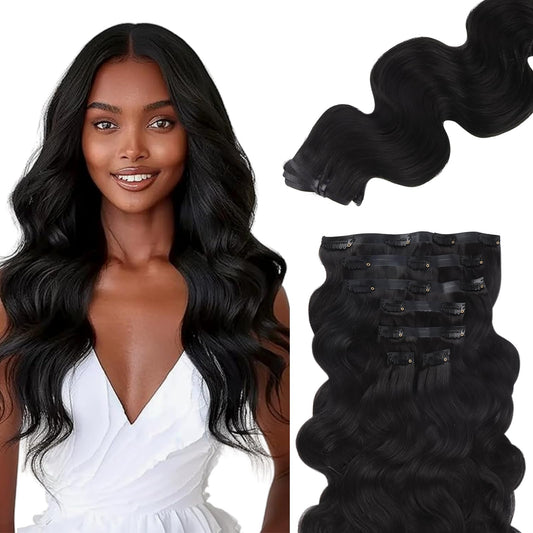Lashey Seamless Clip in Hair Extensions Human Hair #1 Jet Black Body Wave Clip in Hair Extensions Real Human Hair 7pcs 110g 14 Inch PU Weft Natural Hair Extensions for Women
