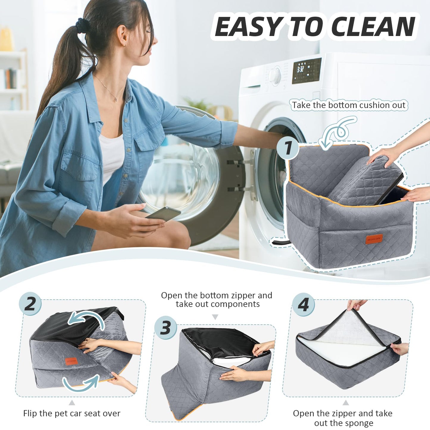 HEGGCOOE Dog Car Seat for Small Medium Dogs, Memory Foam Puppy Dog Booster Seat with Thick Cushion for Dogs Under 35lbs, Detachable Washable Pet Car Seat Travel Bed with Storage Pockets,2 Safety Belts