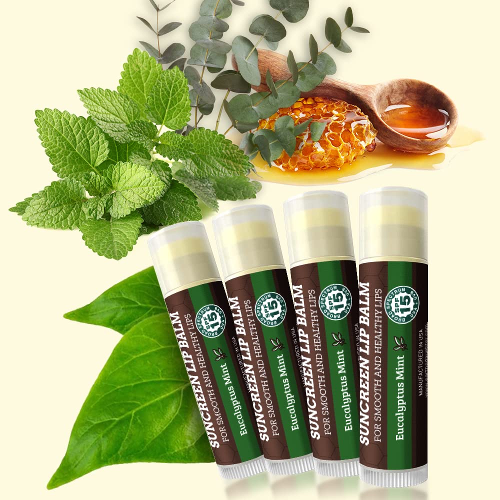 Earth's Daughter SPF Lip Balm Eucalyptus Mint 4-Pack - Lip Sunscreen, SPF 15, Organic Ingredients, Beeswax, Coconut Oil, Vitamin E - Hypoallergenic, Gluten Free
