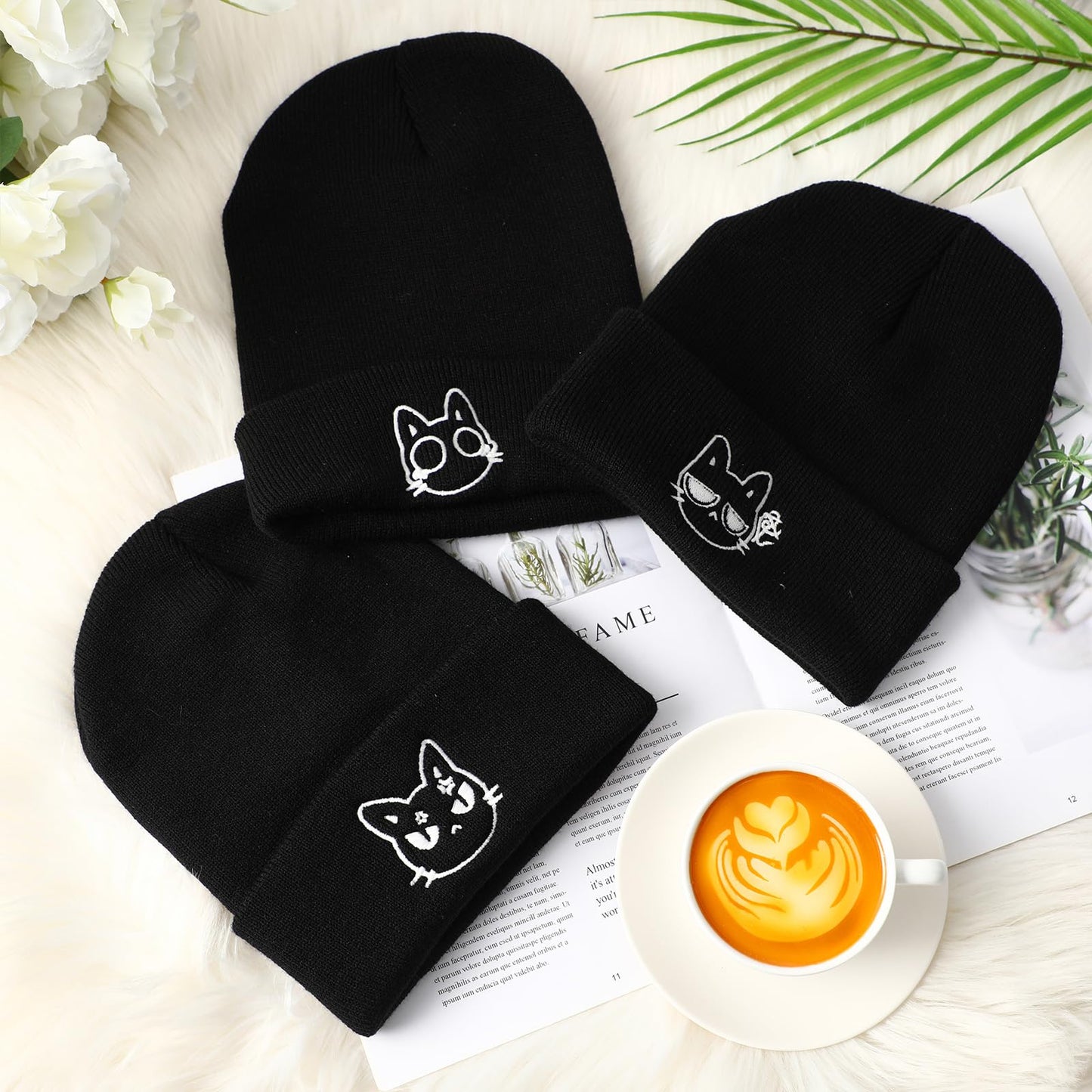Chuarry 3 Pcs Cat Beanie Winter Hats Embroidered Knit Beanie Hat Winter Knit Crochet Ski Cap Cute Cat Ear Hat Cat Gifts for Halloween Cat Lovers Black