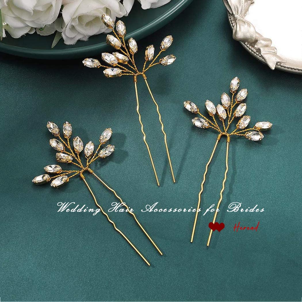 Heread Crystal Bride Wedding Hair Pins Rhinstones Bridal Hair Accessories Head Piece for Women and Girls (Pack of 3) (C Gold)
