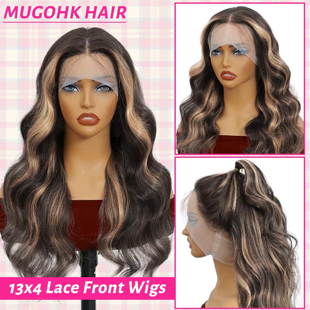 MUGOHK Highlight Lace Front Wig Human Hair 10 Inch Balayage Body Wave Bob 13x4 HD Lace Closure Wigs Pre Plucked with Baby Hair #1b27 Short Black and Blonde Ombre Human Hair Wig 150 Density for Women