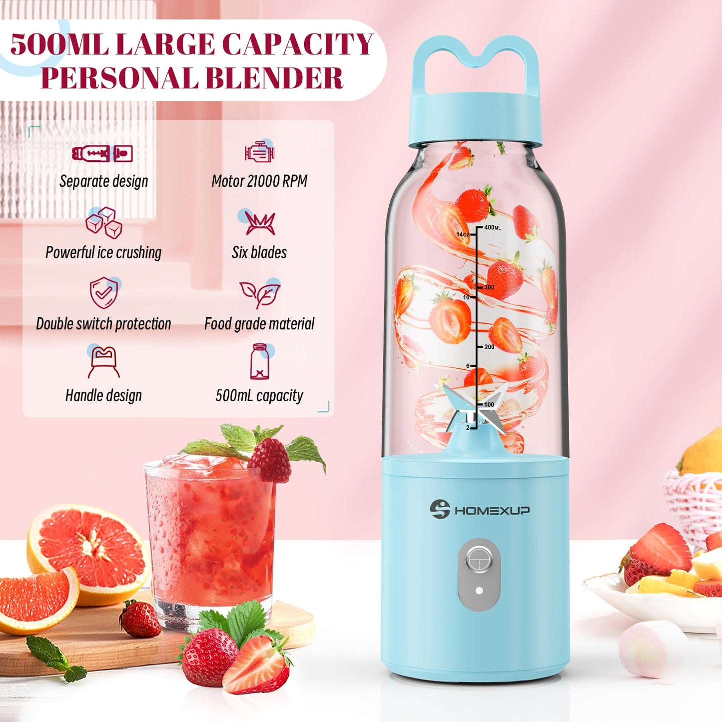 2PCS Portable Personal Blender 17 OZ/500 ML Juicer, 175W Personal Size Blender, Ideal for Smoothies, Ice Blending, Juicing, and Food Processing, Compact, Convenient, and Versatile(Blue&White)