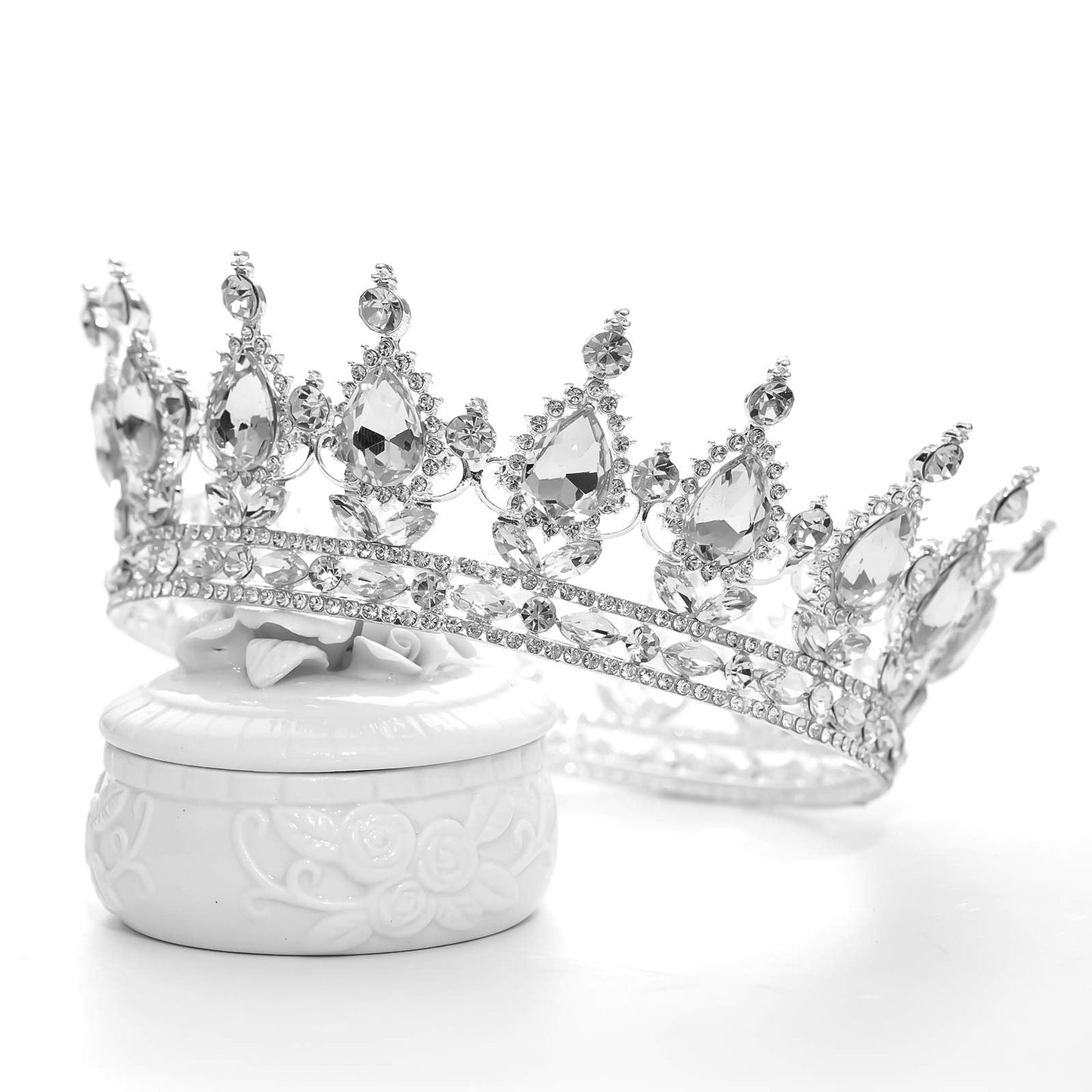 FORSEVEN Queen Crown Rhinestone Wedding Crowns and Tiaras for Women Costume Party Hair Accessories Princess Birthday Crown Crystal Bridal Crown (Silver+White)
