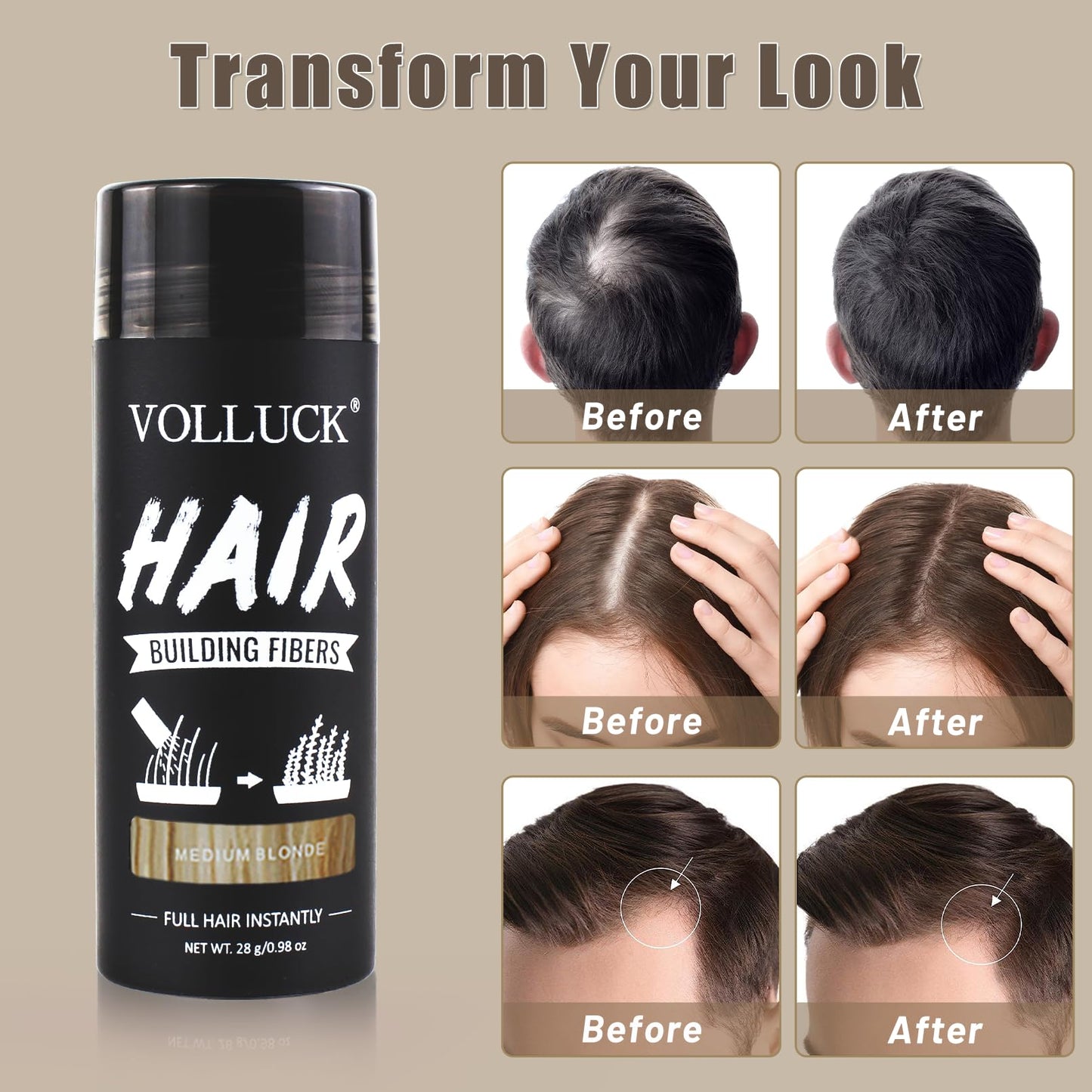 VOLLUCK Hair Fibers for Thinning Hair, Instant Coverage Hair Building Fibers for Women and men, Natural Hair Powder for Conceal Hair Loss 28 g (Medium Blonde)