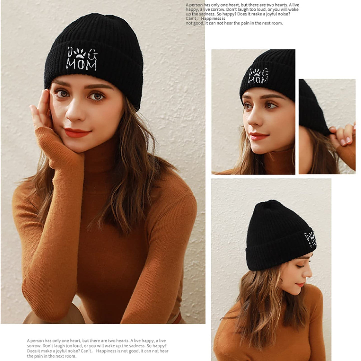 Waldeal Women's Cute Dog Mom Beanie Hat Winter Knit Cap Pets Lovers Gift Black